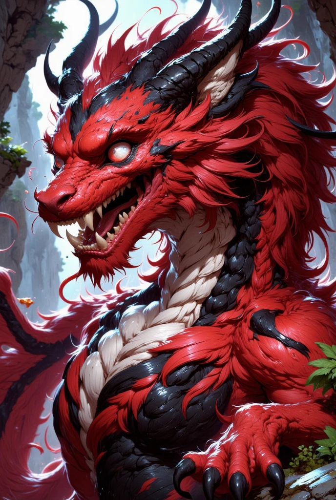 combines the characteristics of a cat and dragon. gaint, It has a connection with the three elements of earth, air and fire. fantasy setting, 8k, uhd, masterpiece, detailed. Red fur with black parts on head, neck and paws. Fluffy, long fur