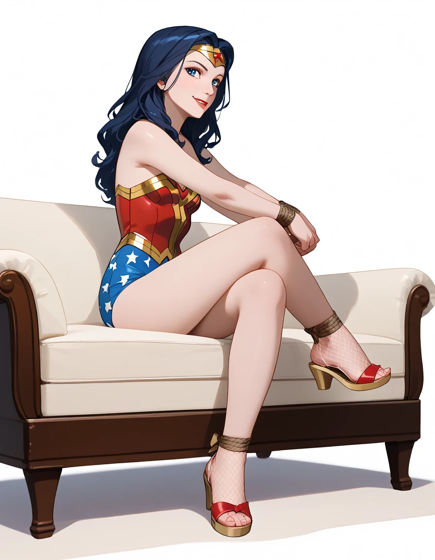 ((full body photo)) Wonder Woman, (sitting on couch, legs crossed), hands tied behind her back, masterpiece, best quality, showing feet, (profile photo), highly detailed, score_9, score_8_up, score_7_up, score_6_up, anime font, BREAK, long hair, blue eyes, small breasts, bow, looking at viewer, freckles, parted lips, smile, body full length, red lips, lips, leather pumps, side shot, she looks at you, fishnets, white background, neutral cast, gladiador sandals:1:9

