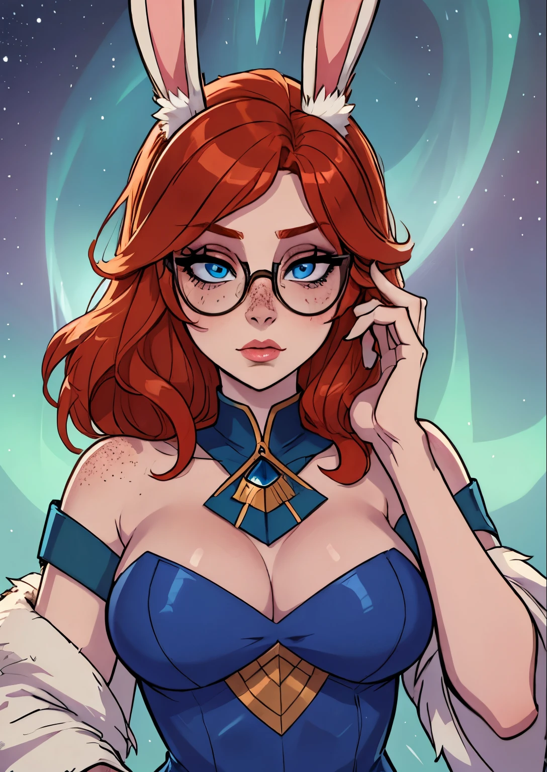 masterpiece, best quality, 1female, beautiful, face portrait, solo, deep makeup, 1girl, face focus, makeup, blue eyes, redhead, shy, Aurora, pale skin, round glasses, wavy hair, bunny ears, freckles