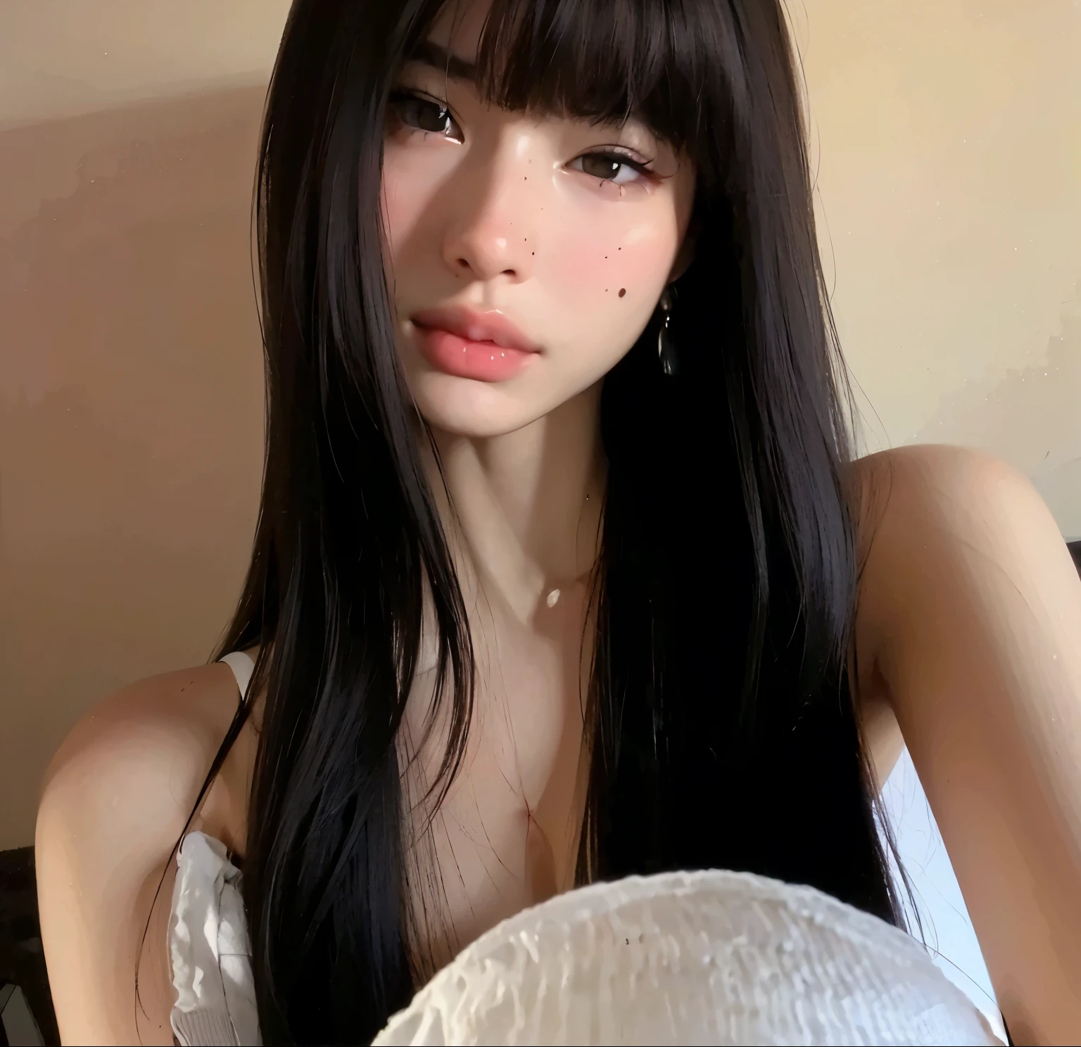 a close up of a woman sitting on a bed with a hand on her cheek, ulzzang, korean girl, gorgeous young korean woman, beautiful south korean woman, photo of slim girl model, photo of slim girl, beautiful young korean woman, beautiful asian girl, 🤤 girl portrait, young asian girl, asian features, young cute wan asian face
