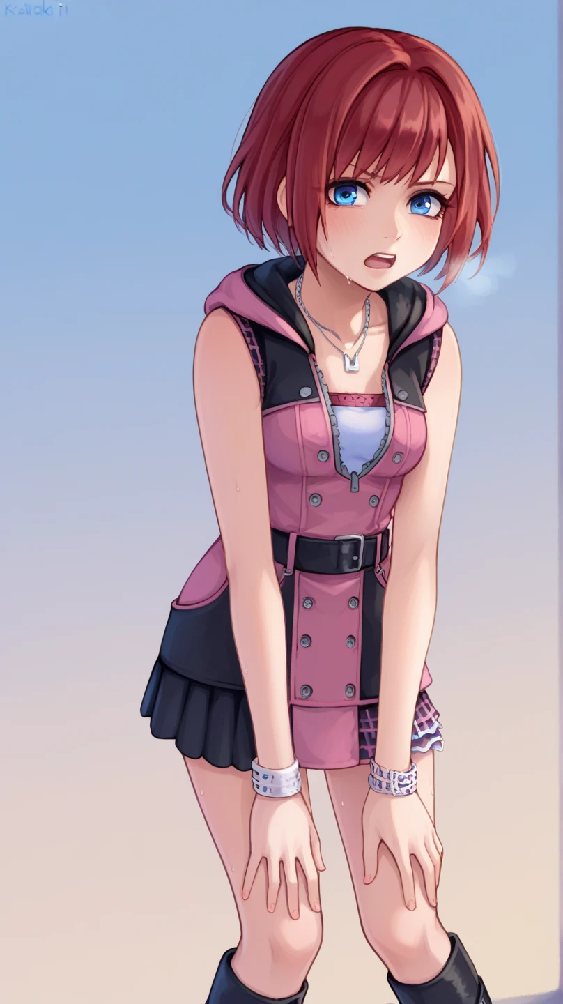 score_9, score_8_up, source_anime, highly detailed, 1girl, solo,
kairi, 1girl, solo, blue eyes, zipper, jewelry, boots, dress, necklace, short hair, red hair, pink dress, zipper pull tab, pleated dress, short dress, upper body,
outdoor, hands on knees, out of breath, sweaty, frustrated expression,  open mouth, bending over pose 