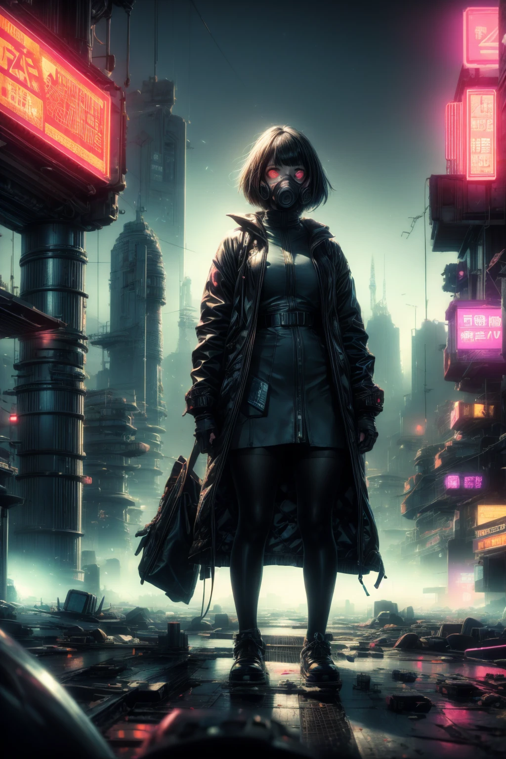 cyberpunk futuristic beautiful anime girl, girl wearing gas mask, girl in realistic urban environment, girl wearing black tights, highly detailed, photorealistic, 8k, dramatic lighting, cinematic composition, neon city, cyberpunk aesthetic, moody atmosphere