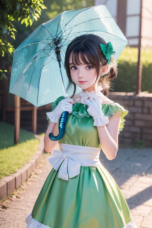 ( artwork), ( great work), ( indirect lighting), (Chibi-cute studios), (GIF cute anime), (cute  cute cute), (Extremely detailed CG 8k unit wallpaper), ( 1 girl) Wear a cute dress ,  holding a ruffle umbrella , Wearing silk gloves,  white skin, Green and blue eyes, ( cute cute)