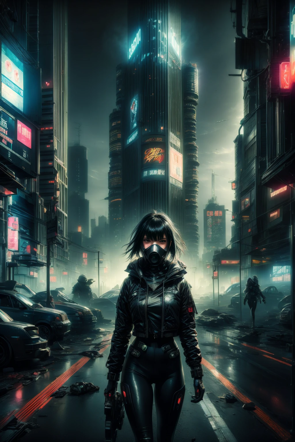 cyberpunk futuristic beautiful anime girl, girl wearing gas mask, girl in realistic urban environment, girl wearing black tights, highly detailed, photorealistic, 8k, dramatic lighting, cinematic composition, neon city, cyberpunk aesthetic, moody atmosphere