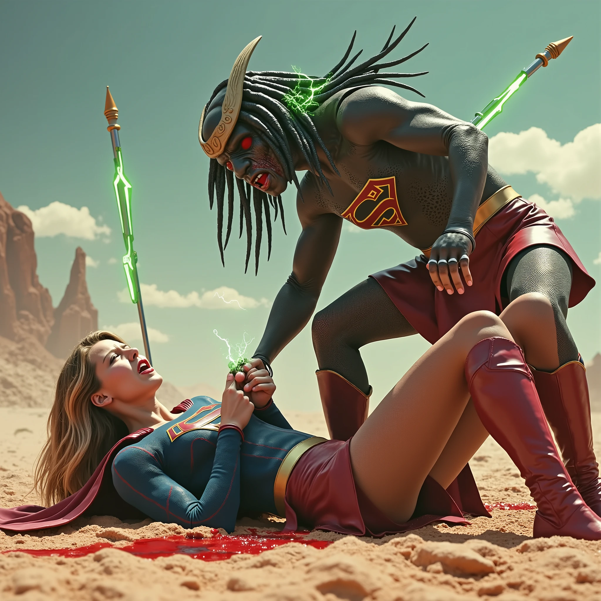 Realistic, hyperrealism, masterpiece, Supergirl is laying flat on the dirt, dirty body, she was handcuffed with a green lighting handcuff, Supergirl is tied wrists with handcuff together, a green lighting collar on her neck, severe painful face, painful face, in the desert, very bright light at noon, She is wearing a Supergirl costume as seen on TV series "Supergirl", leather fabric, ((she is wearing leather red skirt)), ((thin transparent grey color pantyhose and red leather knee height boots:1.8)), Supergirl is attacking by Predator, she is defeated and injury, wounded, Predator is kneeling bestride, Supergirl body is between the predator legs, the predator stab Supergirl chest with lighting green spear, the Supergirl face is painful and crying, she is seriously injured, a lot of blood on her body, background with canyon atmosphere,