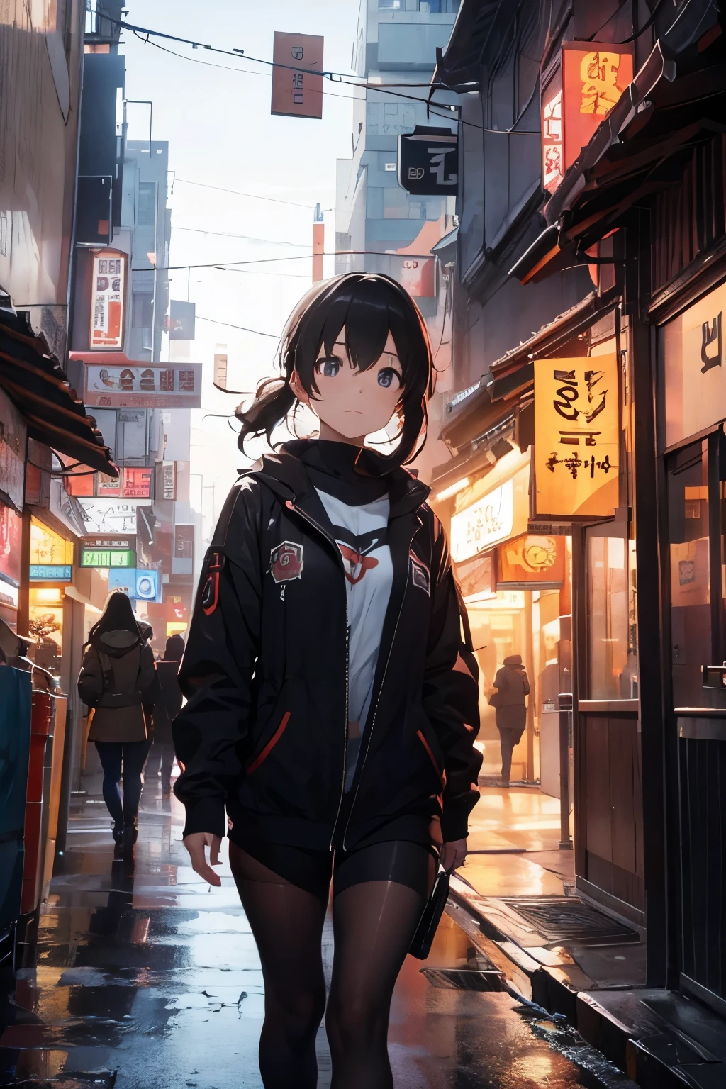 1girl, jacket, rain, outdoor, hoodie, open jacket, chain, backpack, looking at another, messy hair, trending on artstation, 8k resolution, highly detailed, anatomically correct, sharp image, digital painting, concept art, trending on pixiv, style of makoto shinkai,