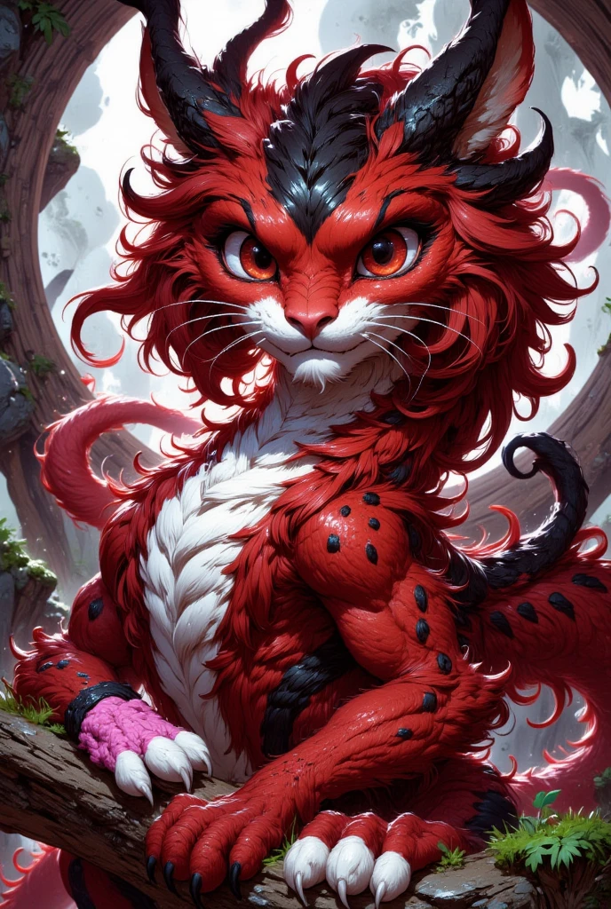 combines the characteristics of a cat and dragon. gaint, It has a connection with the three elements of earth, air and fire. fantasy setting, 8k, uhd, masterpiece, detailed. Red fur with black parts on head, neck and paws. Fluffy, long fur