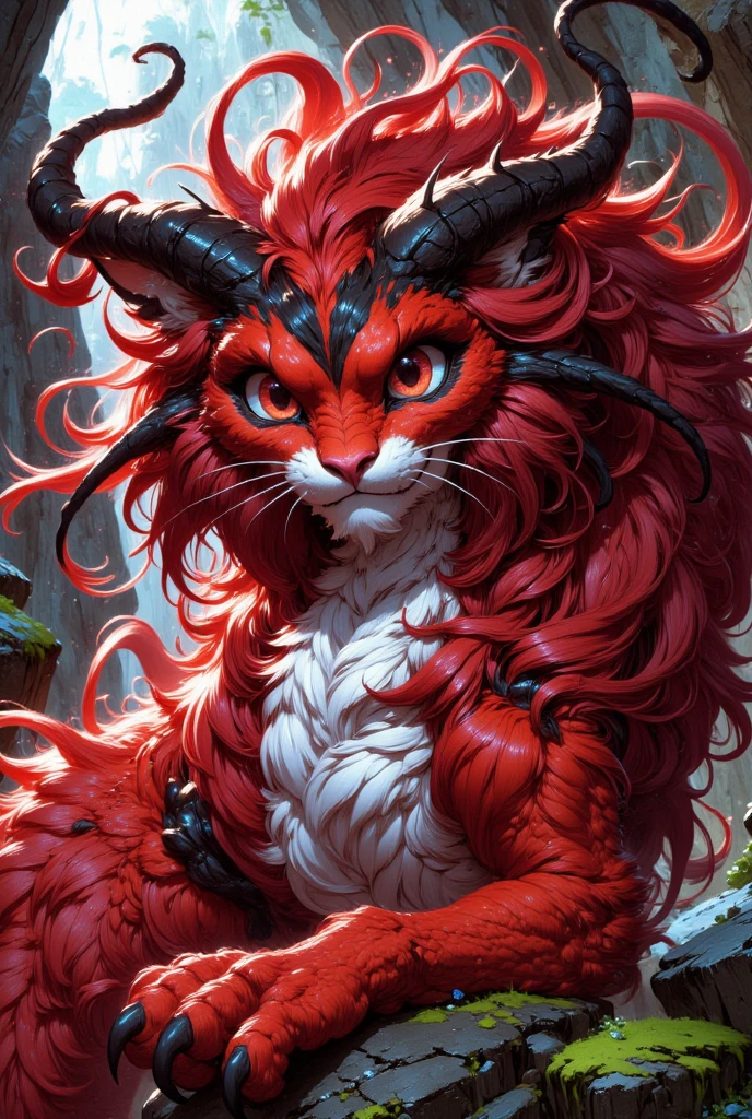 combines the characteristics of a cat and dragon. gaint, It has a connection with the three elements of earth, air and fire. fantasy setting, 8k, uhd, masterpiece, detailed. Red fur with black parts on head, neck and paws. Fluffy, long fur