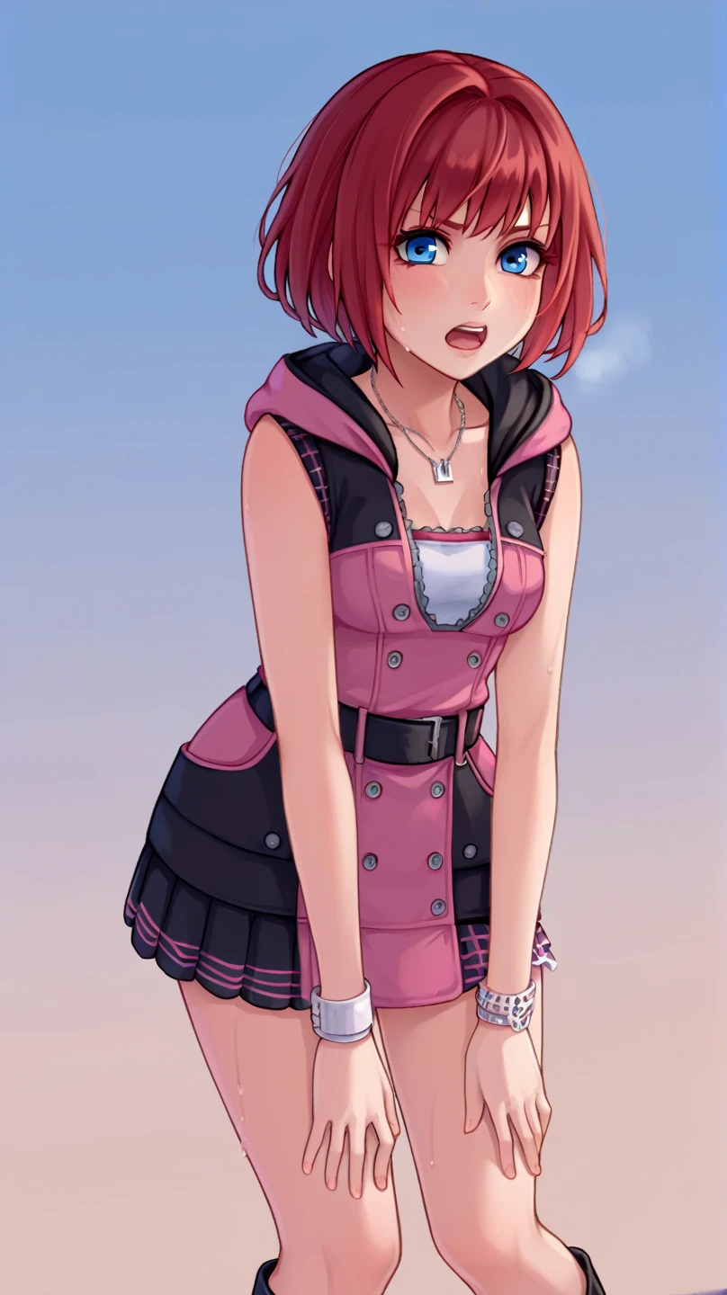 score_9, score_8_up, source_anime, highly detailed, 1girl, solo,
kairi, 1girl, solo, blue eyes, zipper, jewelry, boots, dress, necklace, short hair, red hair, pink dress, zipper pull tab, pleated dress, short dress, upper body,
outdoor, hands on knees, out of breath, sweaty, frustrated expression,  open mouth, bending over pose 