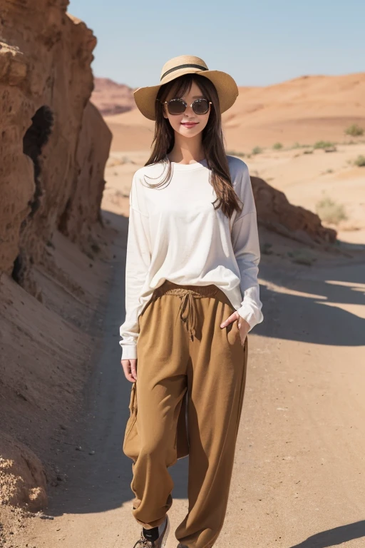 (( top quality )), ((masterpiece)), (( realistic)), (( top quality )), ((masterpiece)), (( realistic)), Girl walking in the desert, Tired ,  loose clothing 、long sleeve shirt and pants ,  headgear ,  sunglasses,  very beautiful,  in natural, casual style at eye level, Scenic, masterpiece, ( high res),  original , extremely detailed 8K , (photo realistic:1.4),perfect face,  perfect eyes,Symmetrical body shape,smile, 