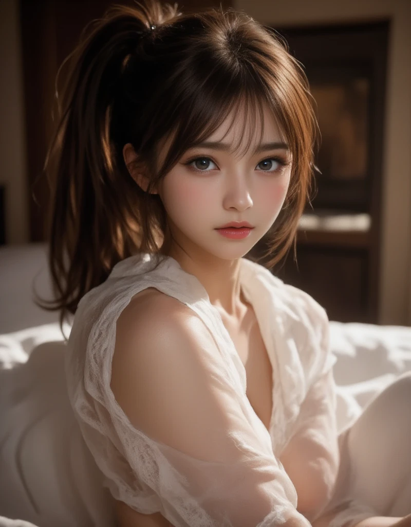 masterpiece, 1 Beautiful girl, Fine grain, highest quality, Ultra High resolution, (reality: 1.4), Cinema Lighting, Beautiful Skin, (Ultra-realistic), (High resolution), (8k), (Very detailed), ( Best illustrations), Pouting slightly,  (Crystal colorful lights), Extremely refined and beautiful, beautiful detailed eyes, Round eyes, detailed facial features, (Round pupils:1.4), (alluring face), Glistening Lips, sexual climax, bitch, (small breasts:1.3), Open lips, (Beautiful and detailed face, Beautiful and delicate eyes), pink cheek, mascara, brown hair, short hair, (cleavage:1.3), (see through:1.1), Exposed thighs, Beautiful thighs, Showing off thighs, (wearing a school uniform), (worn-out:1.3), (cross legs:1.3), Seduction, Seduction pose, Exposed thighs, Sitting in a chair, night forest, night,