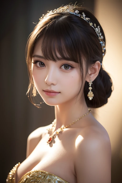 最 High Quality , masterpiece,  high res,  1 girl,  china dress,  hair accessories with sisters,  necklace,   jewelry,  beautiful faces, On top of that_body, tyndall effect,  photorealistic,  dark studio,  rim lighting ,  two-tone lighting, ( highly detailed skin :1.2),  8K Ultra HD ,  dslr ,  soft lighting ,  High Quality ,  Volume Light , Frank,   showing off the light on her face ,  high res, 4K, 8k, Bokeh,  medium breasts,