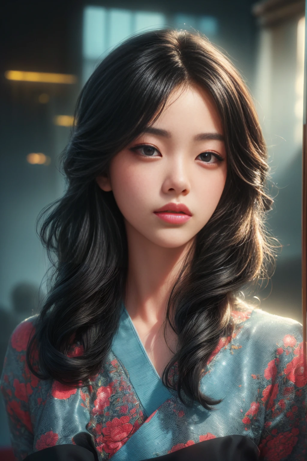 (best quality,4k,8k,highres,masterpiece:1.2),ultra-detailed,(realistic,photorealistic,photo-realistic:1.37), illustration by Artgerm and Gerald Brom, attractive woman with hyperfeminine curves, mesmerizing eyes with detailed lashes, perfect lips with a touch of gloss, flawless skin, cute and playful vibe, vibrant, emotive expressions, K-pop concert scene, adoring fans, electrifying stage presence, fusion of traditional and digital art techniques, soft watercolor brushstrokes combined with crisp digital rendering, vibrant colors reflecting the spirit of K-pop, dynamic and carefully crafted lighting, dramatic shadows emphasizing captivating features.