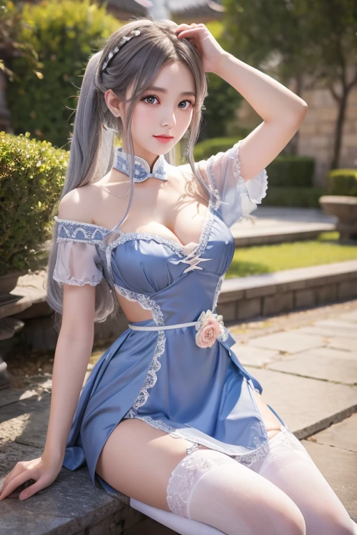 nsfw, sexy stylish Thai model, only 1 female, ((doll-like appearance)), short lilac stylish hair, ((shiny Victorian-Style boots)), (big smile), ultra detailed eyes, vivid eye makeup, lipgloss, long lashes, defined eyebrows, ((sexy Paradise Kiss cosplay)), bell-shaped skirt, petticoats, high neckline, puffed sleeves, ((ultra detailed lace)), ((ultra detailed embroidery)), intricate details, Paradise Kiss accessoires and matching headpiece, choker, ((large sparkling Paradise Kiss jewelry)), cinematic light, detailed large park background with trees