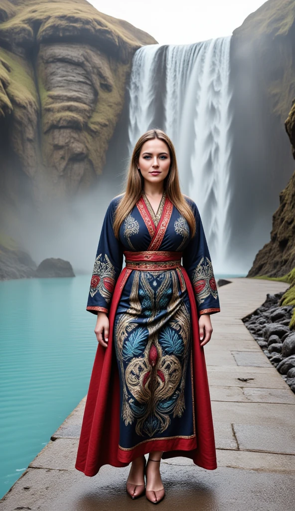 BODYRUBY-FLUX,
The beauty of traditional Icelandic fashion is showcased as a woman stands on a rocky path near the Blue Lagoon, the vibrant colors contrasting with the serene landscape.