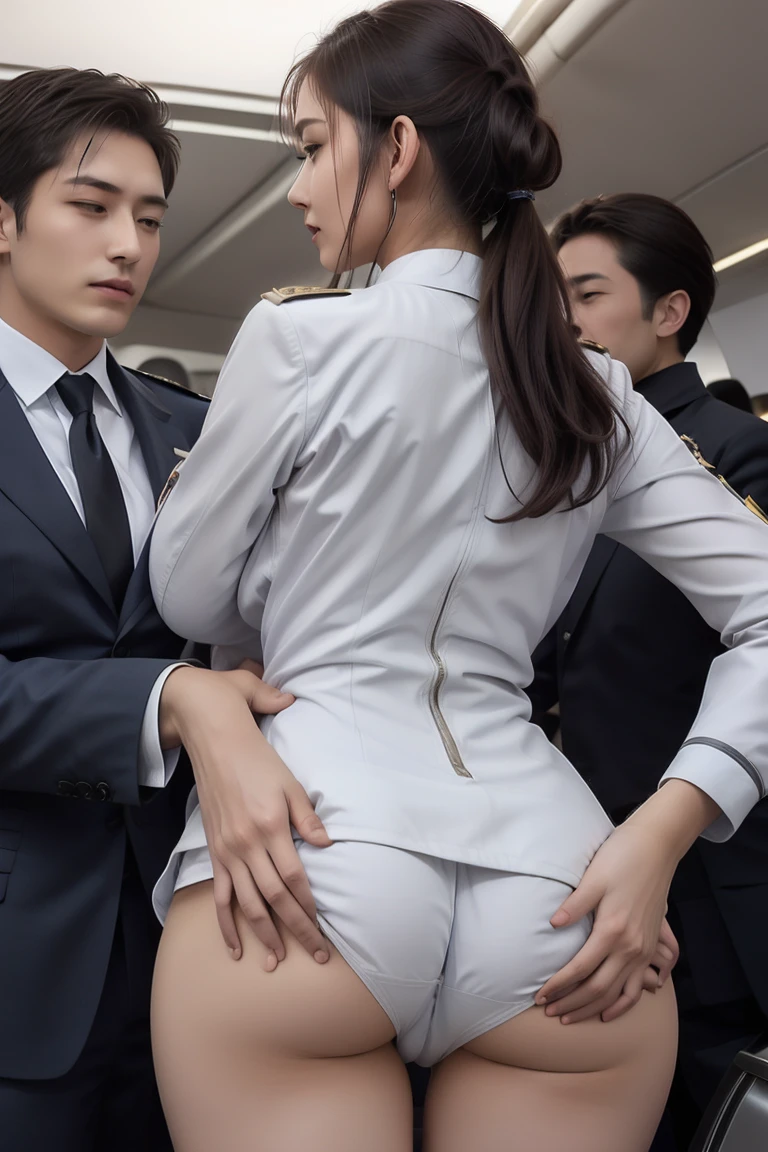 (in 8K、Raw photography、Highest Quality、realisitic、Photorealsitic、Professional Lighting、​masterpiece、extremely delicate and beautiful、Highly detailed、finely detail、ultra-detailliert、hight resolution、full-shot)、There were several men huddled on the plane、1girl in、One woman in a black suit、Black jacket、white  shirt、a black skirt、Beautiful face:1.5、slim proportions、small tits:2、small tits、Young man in suit、Hug her from behind:1.5、Other young men flipping up skirts、I can see the white panties、Draw in clear detail whose hand it is、Pubic hair is visible、((( are visible)))、Eyes open:3、moaning in pain、feeling in pain、auw、Following the pain、moaning in pain、Pain in the face frowning、I'm looking at you、(((Cabin Crew)))、(((On the plane)))、NSFW