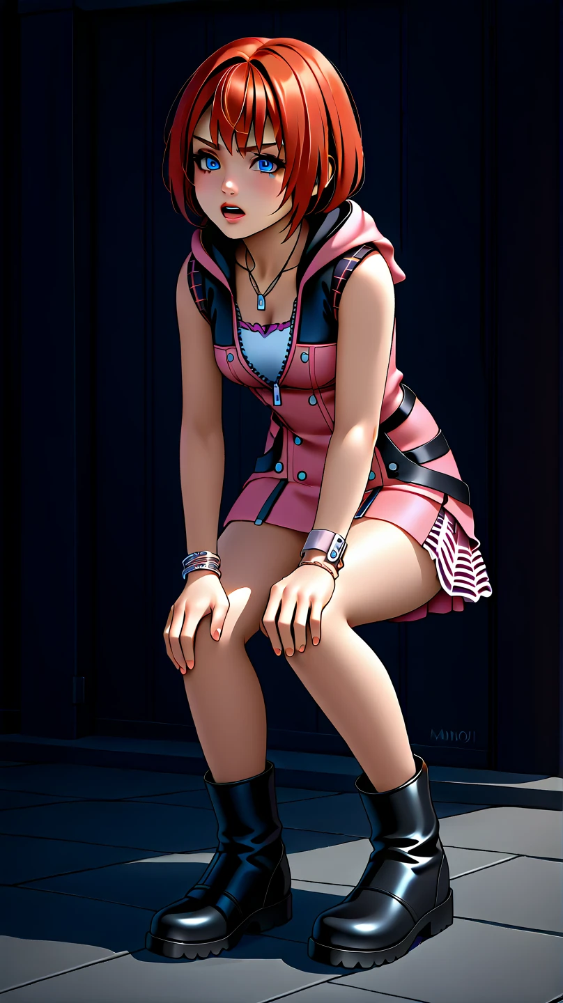 score_9, score_8_up, source_anime, highly detailed, 1girl, solo,
kairi, 1girl, solo, blue eyes, zipper, jewelry, boots, dress, necklace, short hair, red hair, pink dress, zipper pull tab, pleated dress, short dress, upper body,
outdoor, hands on knees, out of breath, sweaty, frustrated expression,  open mouth, bending over pose 