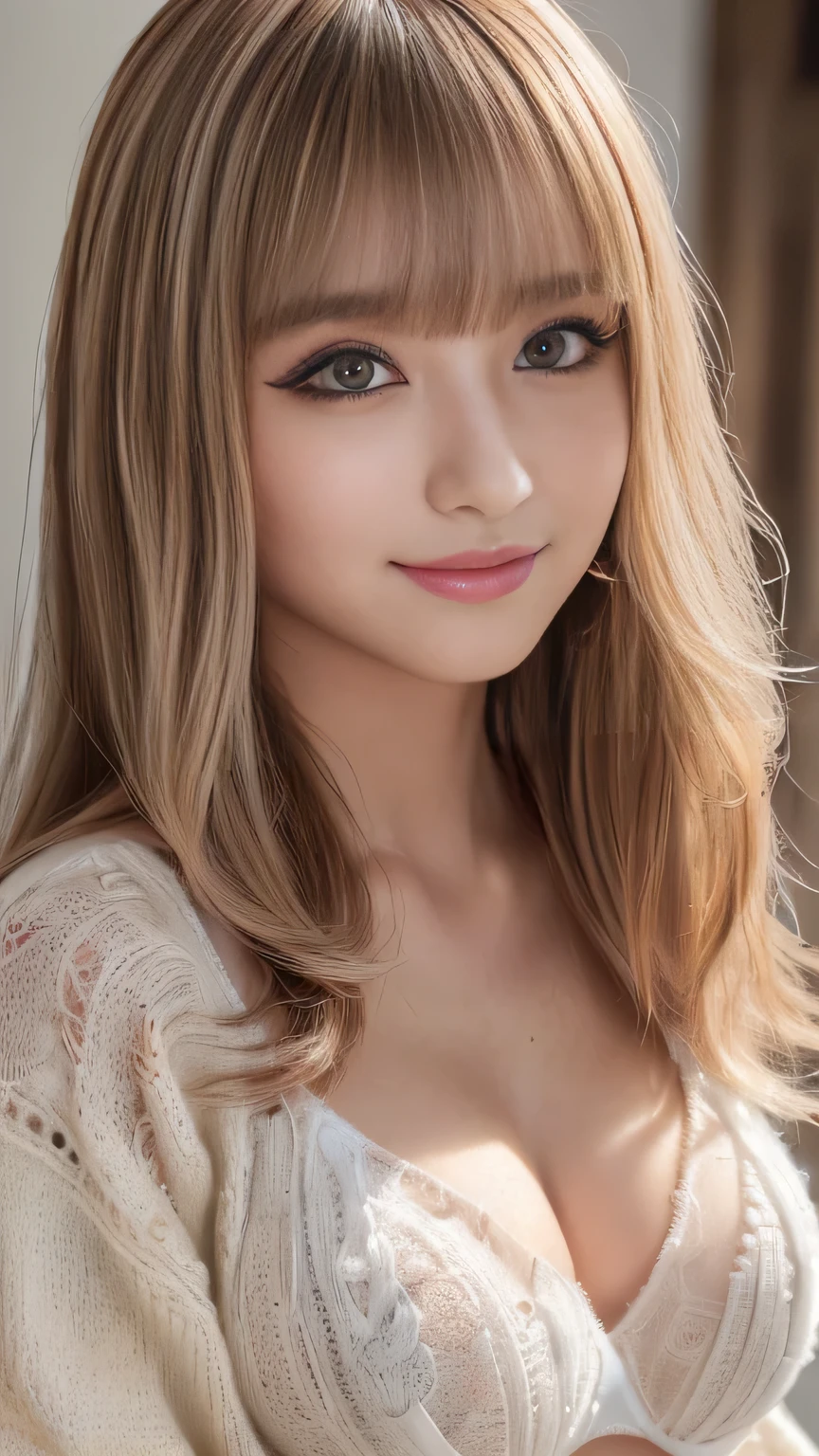 Of the highest quality、Obra maestra 8k、Ultra high resolution、(realista:1.3)、foto cruda、Hermosa chica escandinava rubia brillante、Hermoso cabello rubio platino brillante、Super long straight hair、golpes entre los ojouy hermosos ojos azul claro brillante.、ojos muy grandes、Eyes shining towards the camera..、neon details、small face beauty、cara redonda、resaltado de brillo de mejillas、Pechos grandes y atractivos,A beautiful 13 year old girl looks sexy and cute. & Linda cara hermosa y sexy, El fuerte viento me mueve el pelo delante de la cara.,Beautiful super long metallic blonde straight hair with beautiful cute and sexy eyes hidden behind long bangs、Camisa ombligo、Minifalda muy corta de cuadros amarillos y negros. look at me with a smile、
