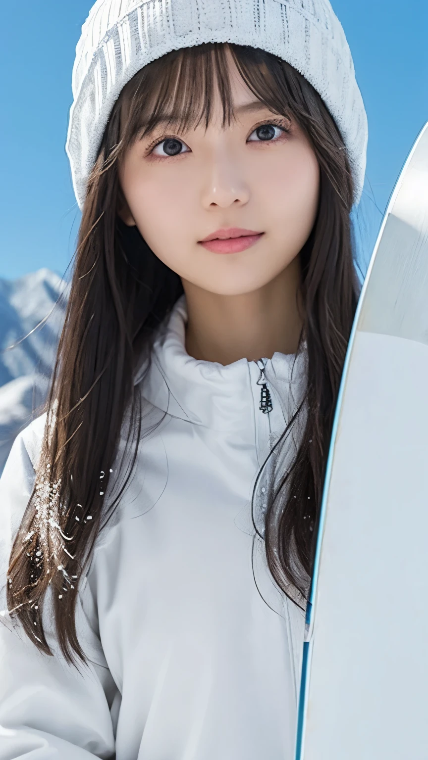  girl, busty,  black hair,  straight hair,  with bangs, white ski wear , White knit hat, Slopes, 's greatest masterpiece,  professional lighting, Powder Snow,