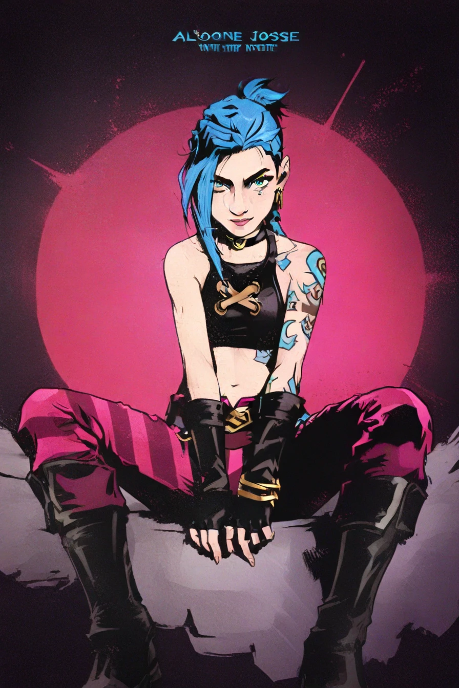 Gafe, by the blue, pale skin, choker, smile, Blue eyes, long blue pigtails , tattoo,Crop top, manga, bracelets,  purple striped pants, Gloves,  belt, 1 girl, Alone, alone,  arcane_poster_style,  masterpiece, highres, upper part of the image with the phrase that says ( I LOVE JOSE CARLOS )