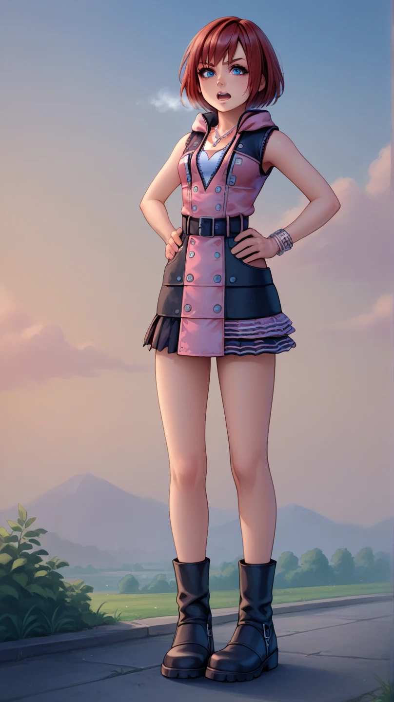 score_9, score_8_up, source_anime, highly detailed, 1girl, solo,
kairi, 1girl, solo, blue eyes, zipper, jewelry, boots, dress, necklace, short hair, red hair, pink dress, zipper pull tab, pleated dress, short dress, half body,
outdoor, hands on hips, out of breath, sweaty, frustrated expression,  open mouth