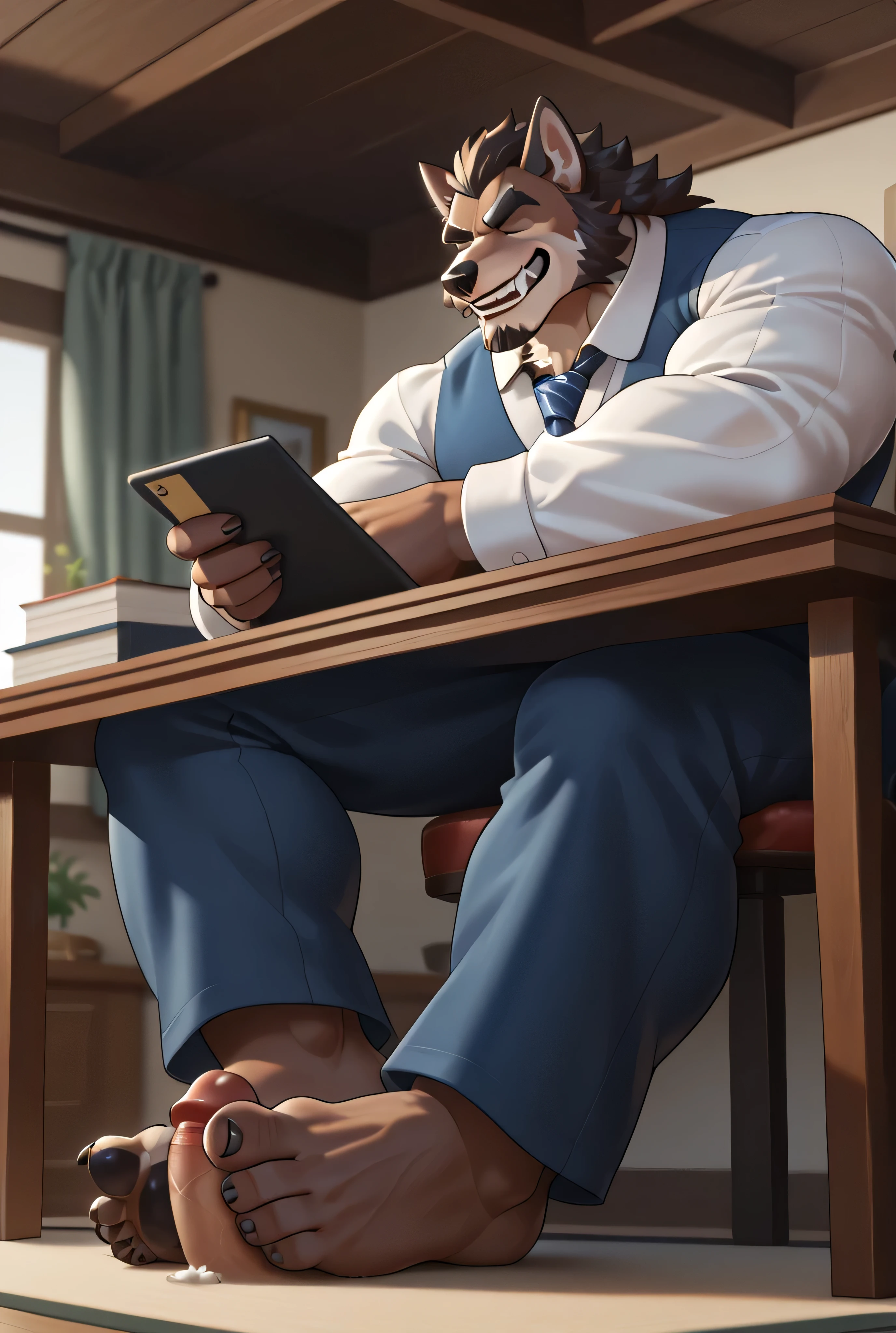 male,mature,Buff,anthro,(werewolf),blaidd_(eldenring), smile, barefoot, footstomp, soles, toes, foreshortening, view from below, indoors, tusks, black fur, claws, black soles, rough soles, 5 toes, annoyed expression, good eyes, good iris, good face, good art, High Resolution, Masterpiece, Anatomically Correct, Accurate, Award Winning, Best Quality, Detail, HD, Quality, High Quality, Super Detailed, Retina, UHD, Smile, closed eyes, black soles, black furry feet, bara feet, meaty feet, thick feet, undertable, footjob, from side, 2boys, homo, masterpiece,best quality,amazing quality,very aesthetic,absurdres,newest, undertable, footjob, from side,masterpiece,best quality,amazing quality,very aesthetic,absurdres,newest,