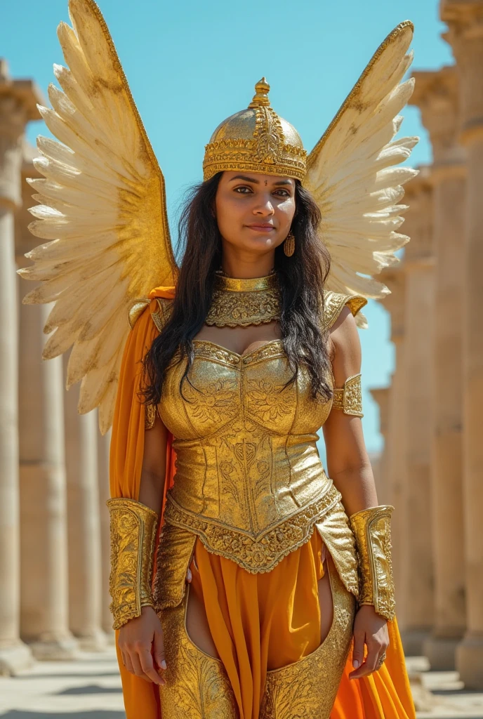 "Full body view of a breathtakingly beautiful mature curvy indian woman dressed as a majestic warrior. She has flawless radiant skin, a delicate yet fierce face with striking almond-shaped eyes,  long eyelashes and naturally pink lips. Her hair was gracefully flowing, dark chestnut brown, partly hidden in a regal golden helmet with intricate carvings. She was wearing one  The golden armor sparkled in the sunlight, carved with these  Her tall, graceful pattern exudes both strength and perfect balance. Large, radiant angelic wings extend from her back, each feather glowing  Her hands are covered in matching armor, keeping her feet firmly in place in curved armored boots with intricate details, giving her an air of strength.  but still has a feminine silhouette. She stands among the ancient ruins  ancient, surrounded by tall stone pillars under a vivid blue sky, blending opticalism and surreal fantasy in stunning detail."