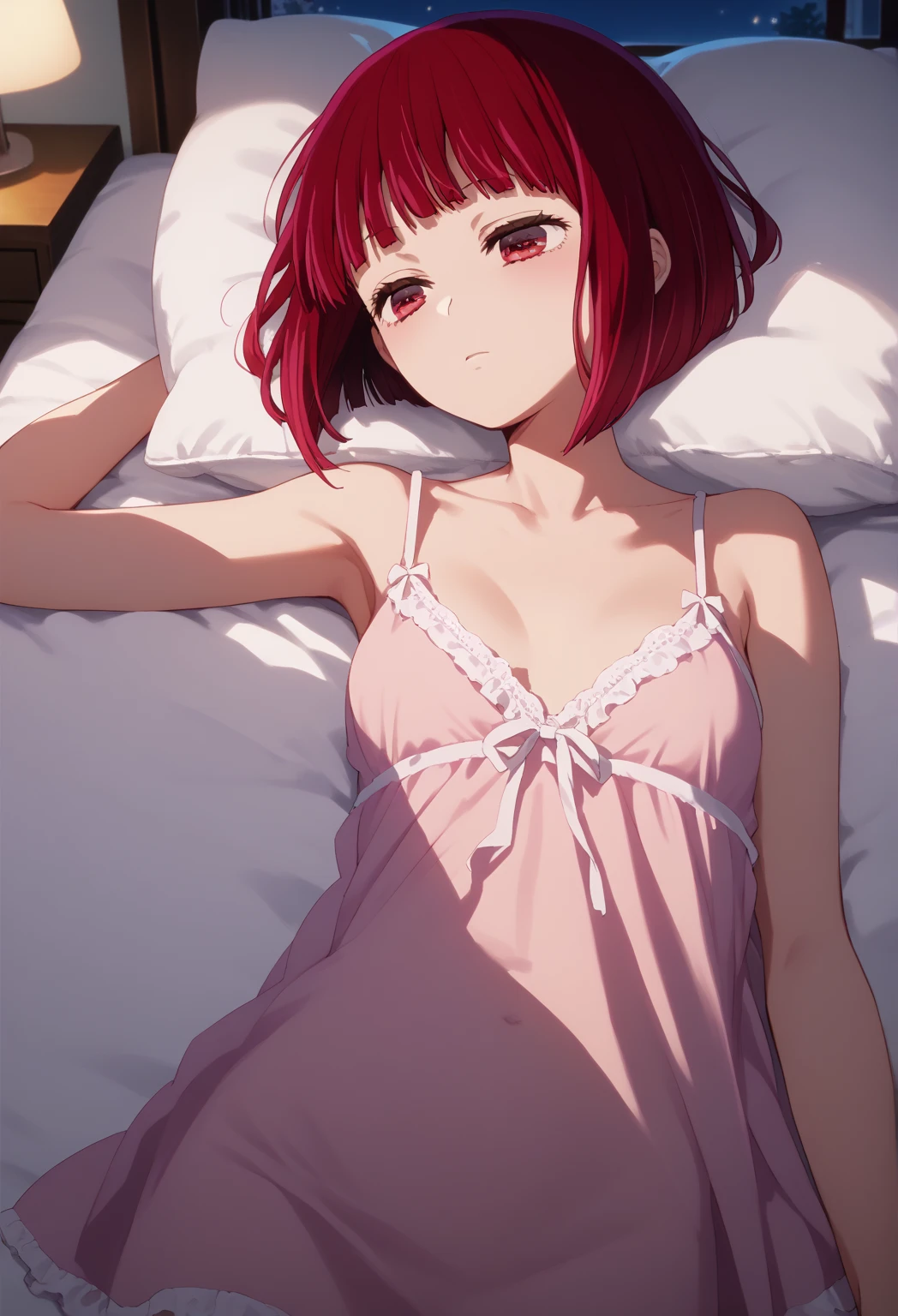 score_9, score_8_up, score_7_up, source_anime, kanaarima, kana arima, short hair, bangs, red eyes, red hair, bob cut, small breasts,                              ,   BREAK    1girl,  sleeping, on bed, lying on bed, bedroom, cowboy shot, dimly light, nightgown, night, windows