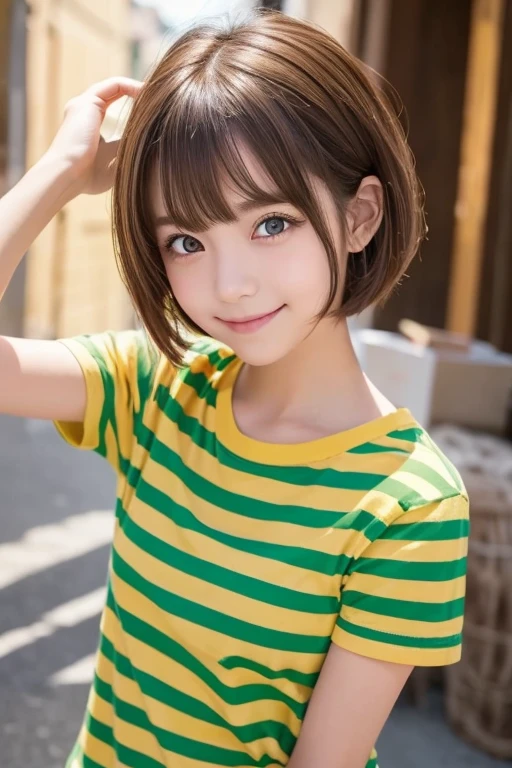  red eyes,  girl ,  Throw  ,  yellow-green striped shirt with thick stripes,  red eyesが赤く光る,  tilting your head ,  short brown hair、Mushroom Head, With a bright smile on his face, Character, 2D, While drawing a line of light above my head、 golden flowers々standing in