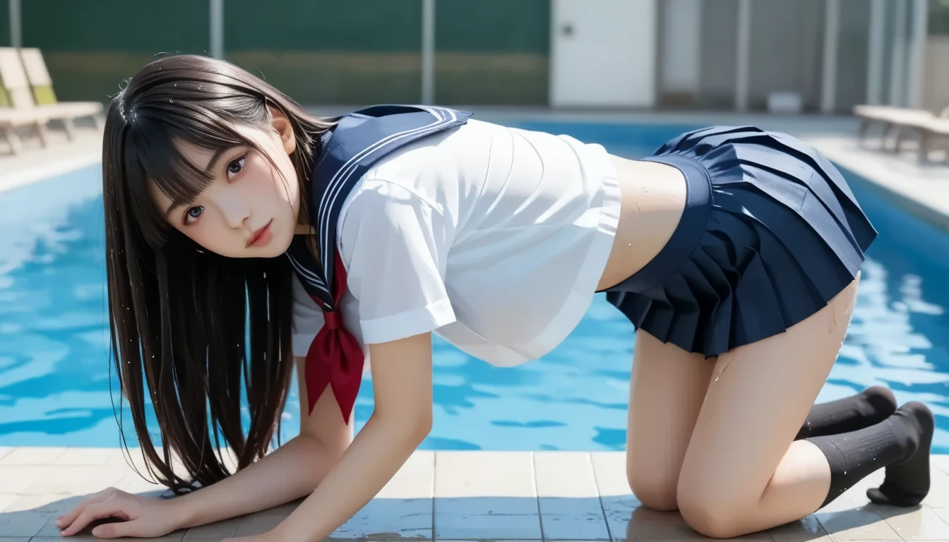  Wet Japanese Female  Student in Uniform 、(They are standing on all fours in the water of a shallow pool)、 school uniform,   tan dark skin 、Japanese girls middle schoolHigh Socks 、 rear view、 woman wearing navy pleated skirt school swimsuit、Water level where you can see your butt from the surface of the water 、 miniskirt、Japanese Girls , (((Wet school uniform、 Sailor Uniform worn by Wet Japanese Female Student、  navy sailor color 、 wet pleated skirt 、wet school swimsuit、Black over-the-knee socks)))、 thin beautiful thighs 、 beautifully manicured hair 、 oily skin 、Two legs、(( focus on the waist ,))