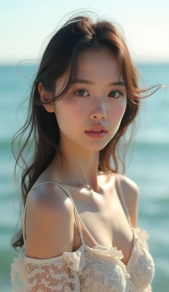 (AJC W 何:1.5), (NFFSW:1.5), AJC W 何, SFW, 8k、Fotografia RAW、qualidade superior、obra prima:1.2)、32k、Ultra resolution、foto de corpo inteiro:2.0, best quality, Foto RAW, fotorrealista、nudez de corpo inteiro、Rialística Photo、Nudez dura、no clothes、 (seios pequenos:1.2), (corpo magro), litoral, corpo inteiro, uma menina da beleza, fofo, LONG hair, cabelo a tapar os seios, profundidade de campos, high resolution, ultra detalhe, detalhes finos, altamente detalhado, Olhos e rosto altamente detalhados, sharp pupils, alunos realistas, foco nítido, Cinematic lighting