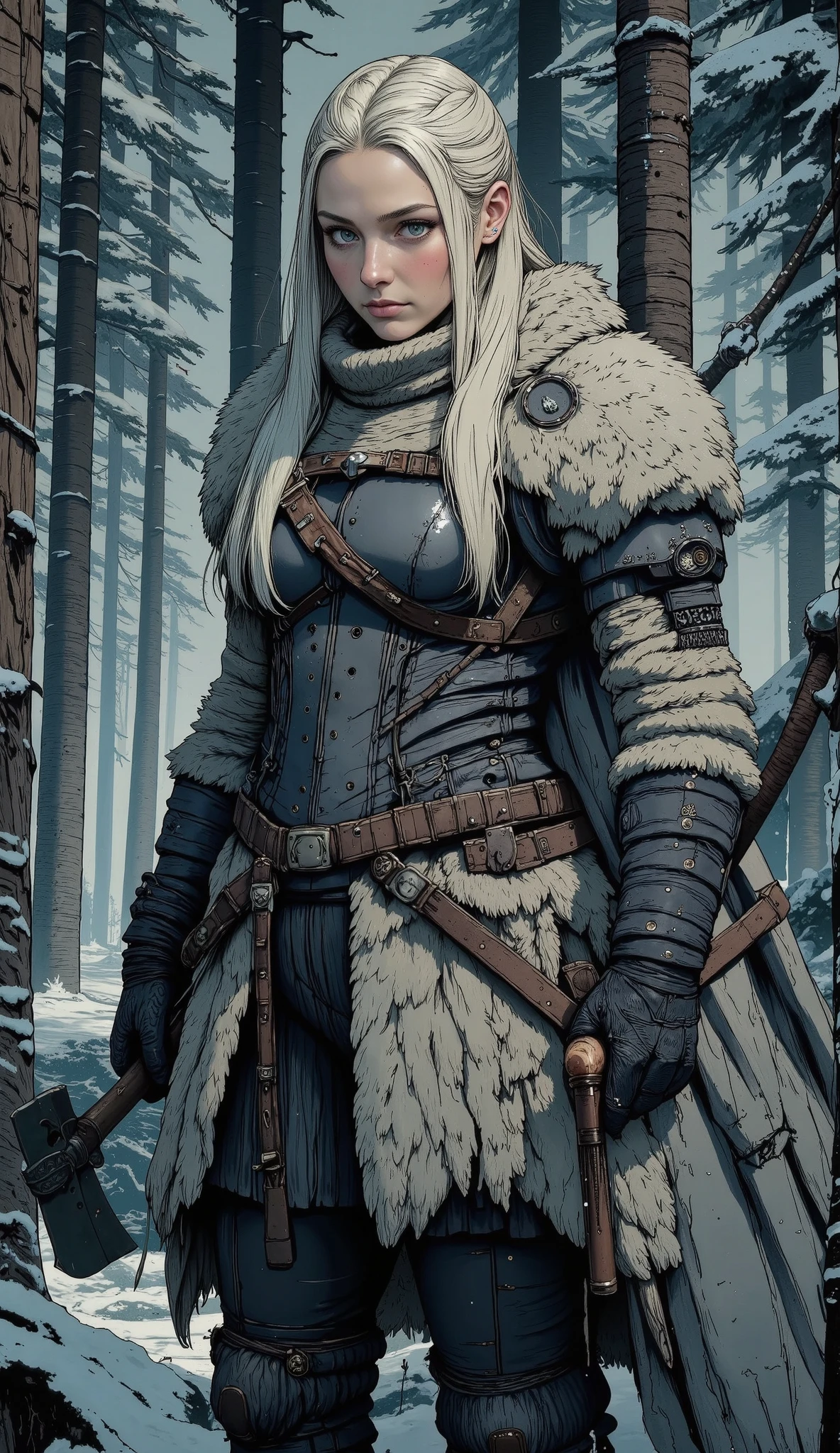 a fierce viking warrior woman with striking blue eyes and platinum blonde hair, standing in a Scandinavian winter forest, ultra detailed 8k highly realistic photo, dramatic lighting, cinematic composition, epic fantasy scene