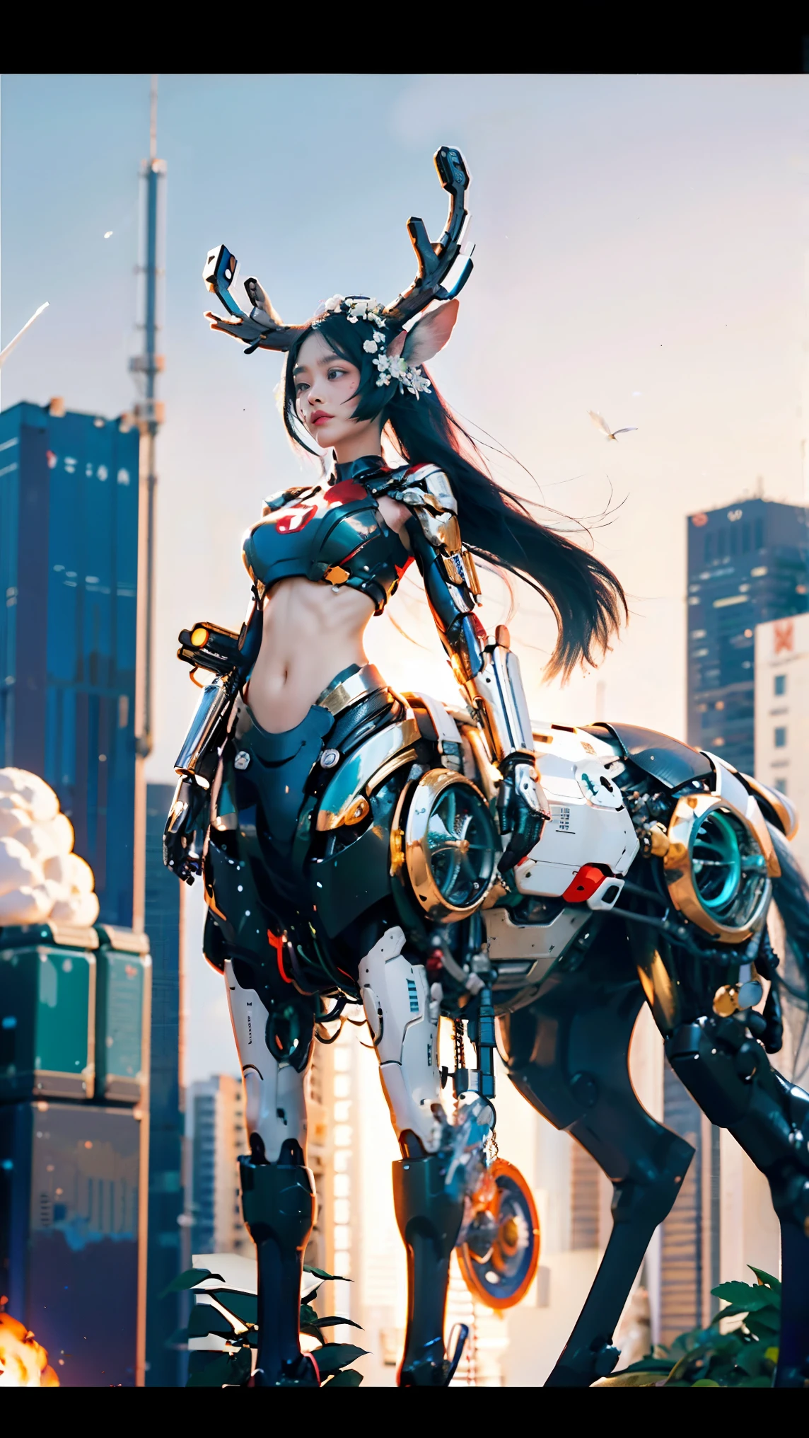 In a very grand scene,The extra-large wide-angle lens captures the appearance of a female centaur。(She is traveling through the stars:9.9),She is tall,It has the ultimate curvy beauty,The muscles are slender and firm,Beautiful lines。Her facial features are tough and coquettish,Always with a sunny smile。She wears special tight-fitting equipment with a strong sense of technology,Step on multifunctional off-road style heels,Delicate and practical protective gear is worn on the hands, feet, wrists, neck and shoulders。The detection equipment around you flashes various cue lights and neon-like information screens,Let her exude a charming brilliance。Use Midjourney's advanced tools,Design special tight-fitting equipment for female centaurs,Highlight her unique physiological characteristics and appearance details,Add realism。And in her adventure scene,Spectacular views of nature,Such as the sky where storms and sunny days alternate、Brilliant rivers of stars and auroras、The snow-capped summit of Mount Everest、Fireworks in the mountain town, etc。ao mesmo tempo,Away from the hustle and bustle of Long Beach Pier is a neon-lit spaceship docked,Create a fantastic scene。Use Midjourney's advanced tools and multiple color palettes、Brush Strokes、Texture tools and model packages,It shows a sense of atmosphere where beauty and charm coexist。The charm of the female centaur is highlighted through color and lines,Enhance realism with detailing,Create a surreal dreamy feeling。Additionally,Use Midjourney's tools to add a variety of extreme sports gear and cultural trinkets to the female centaur,Create intricate hairstyles and outfits,Give her a sense of premium。She never flinches,Regardless of the terrain,can respond quickly,Even the extreme geography and dangerous terrain of aliens cannot stop her。Use Midjourney's powerful tools,You can do it with incredible detail and beauty,Bring this ultra-grand and beautiful scene to life。Ultra-grand scenes,super wide shot, hdr,(真实感,Masterpiece quality,