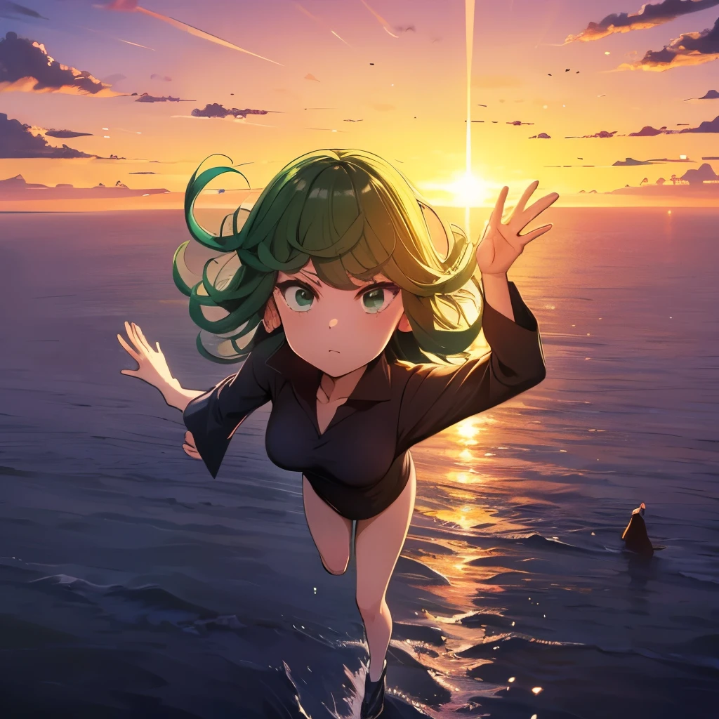 Tatsumaki floating with at the beautiful sunset