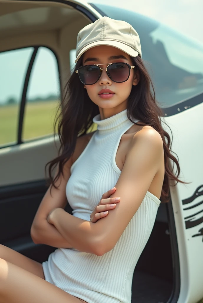 A photo realistic photo of a female model in short white jeans and a pink top posing in front of a police helicopter.
