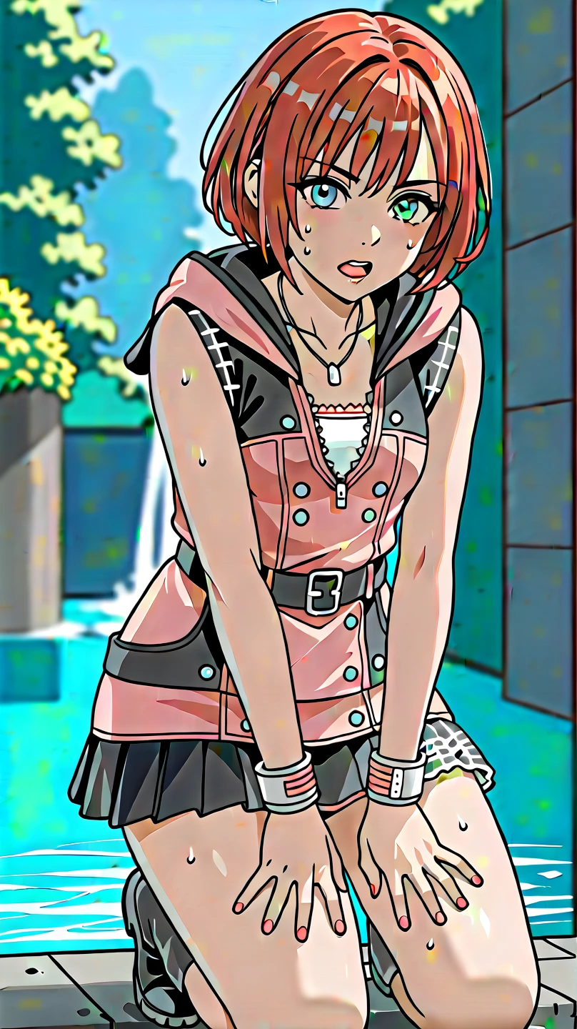 score_9, score_8_up, source_anime, highly detailed, 1girl, solo,
kairi, 1girl, solo, blue eyes, zipper, jewelry, boots, dress, necklace, short hair, red hair, pink dress, zipper pull tab, pleated dress, short dress, upper body,
outdoor, hands on knees, out of breath, sweaty, frustrated expression,  open mouth, bending over pose 