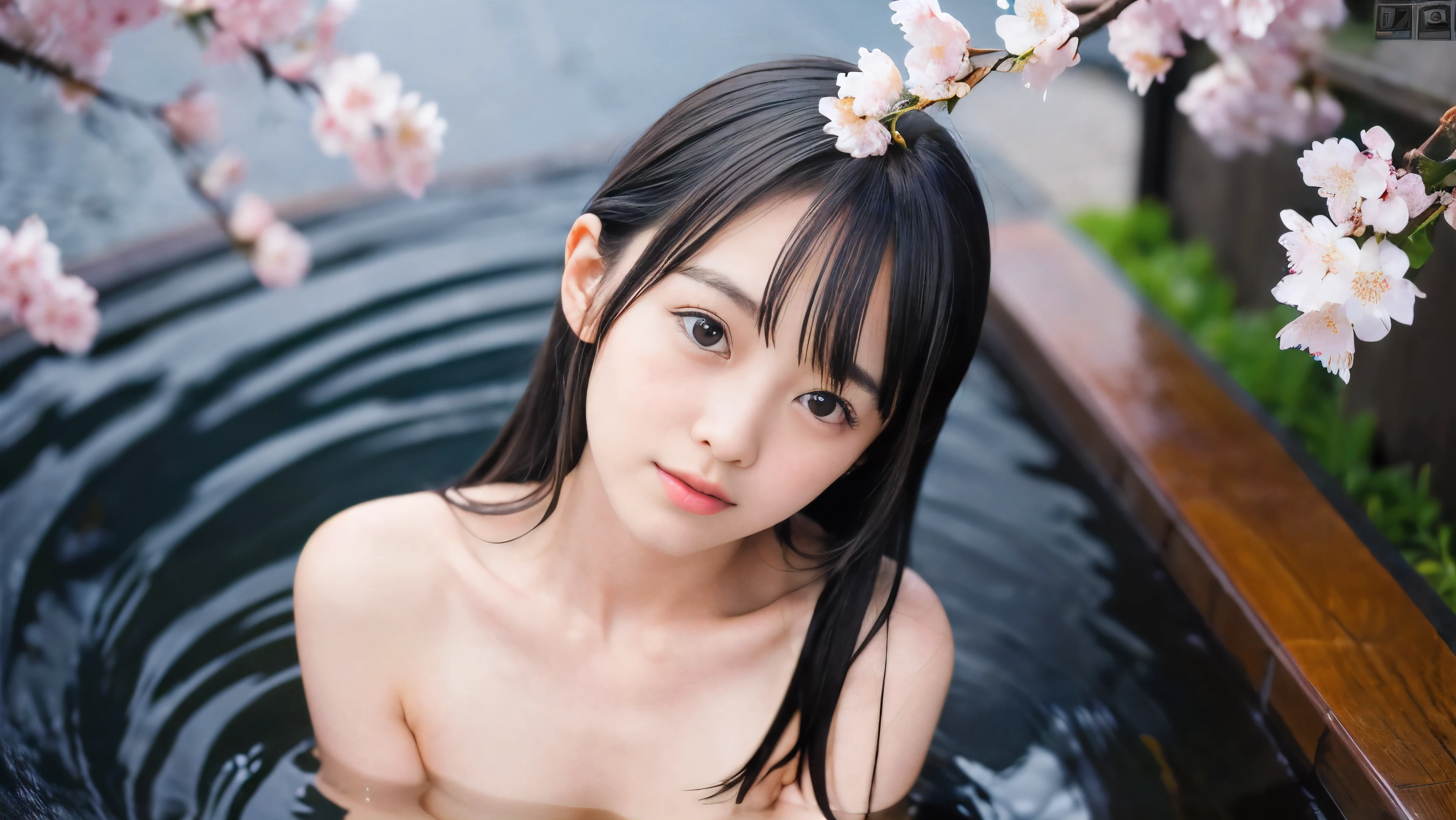 (High angle shot of a naked slender small breasts dark silver long hair with swept bangs girl:1.5)、(Naked girl is soaking in a milky color Japanese onsen outdoors and looking up the sky with small shy face:1.5)、(Outdoor Japanese onsen with milky white color and it has full bloom cherry blossoms:1.5)、(blurred background:1.5)、(Natural light:1.5)、(8k ultra detailed master piece:1.5)、(perfect anatomy:1.5)、(Photorealistic stick:1.5)、(Raw photo:1.3)、(highest quality:1.5)、(High resolution:1.3)、(Delicate and beautiful perfect face:1.3)、(Delicate and beautiful eye air skin:1.3)、(Real Human Skin:1.3)、((thin legs))