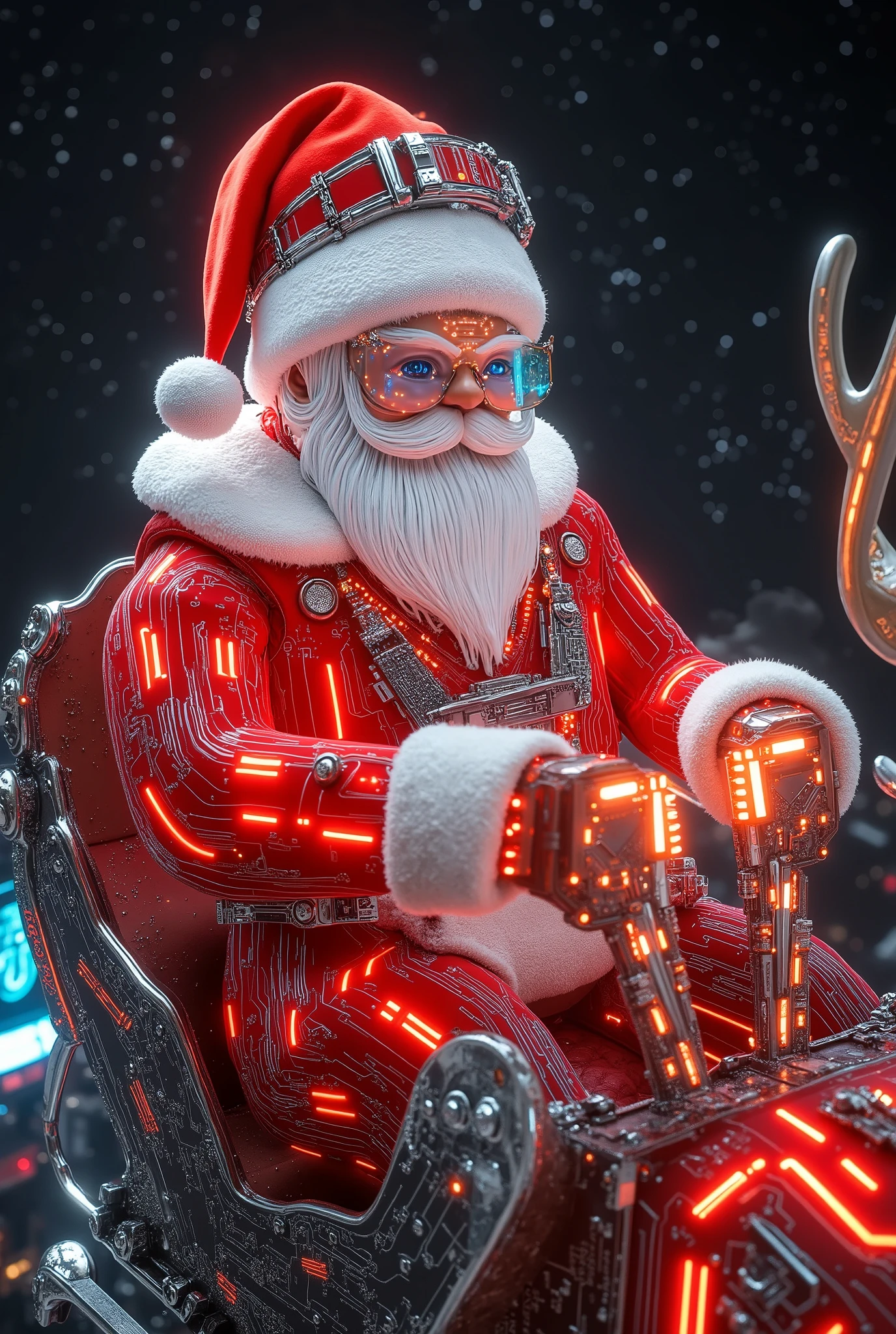 A futuristic Santa Claus, a cheerful and charismatic figure, wearing a glowing red-and-white suit with geometric patterns, metallic accents, and intricate circuit paths etched into the fabric. His robust, jovial figure boasts a neatly groomed white beard, bright blue eyes, and a radiant smile. His attire is embedded with luminous Coca-Cola branding and LED-like details, with glowing circuit lines running through the suit, giving it a high-tech, cyberpunk vibe. His expression blends joy and determination, radiating warmth and holiday spirit. Perched confidently on a sleigh, he grips glowing reins as he steers the reindeer with festive cheer and a sense of command. The scene is set high above a bustling, futuristic cityscape filled with glowing advertisements, holographic displays, and neon-lit circuit patterns adorning the buildings. The dark, starry night sky is illuminated by sparkling constellations, with vibrant city lights below and faint aurora trails adding depth. The art style combines a futuristic Coca-Cola aesthetic with sleek geometric lines, neon accents, and a cyberpunk-inspired holiday vibe, where the circuit paths pattern the entire environment, including Santa's sleigh and reins. Dynamic lighting bathes the scene in glowing red and white highlights, creating a contrast against the dark sky, while ambient reflections from the neon city below add to the atmosphere. The low-angle wide shot emphasizes the grandeur of the sleigh, with ultra-high-definition photorealistic textures, glowing edge highlights, and soft bokeh effects enhancing the depth and mood of the scene.

