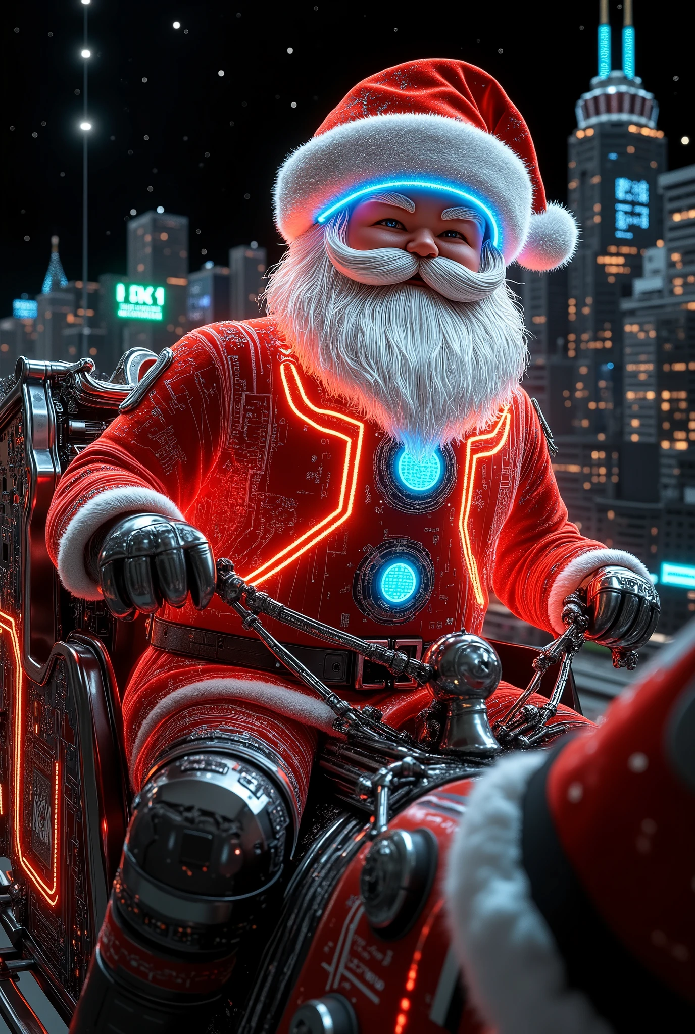 A futuristic Santa Claus, a cheerful and charismatic figure, wearing a glowing red-and-white suit with geometric patterns, metallic accents, and intricate circuit paths etched into the fabric. His robust, jovial figure boasts a neatly groomed white beard, bright blue eyes, and a radiant smile. His attire is embedded with luminous Coca-Cola branding and LED-like details, with glowing circuit lines running through the suit, giving it a high-tech, cyberpunk vibe. His expression blends joy and determination, radiating warmth and holiday spirit. Perched confidently on a sleigh, he grips glowing reins as he steers the reindeer with festive cheer and a sense of command. The scene is set high above a bustling, futuristic cityscape filled with glowing advertisements, holographic displays, and neon-lit circuit patterns adorning the buildings. The dark, starry night sky is illuminated by sparkling constellations, with vibrant city lights below and faint aurora trails adding depth. The art style combines a futuristic Coca-Cola aesthetic with sleek geometric lines, neon accents, and a cyberpunk-inspired holiday vibe, where the circuit paths pattern the entire environment, including Santa's sleigh and reins. Dynamic lighting bathes the scene in glowing red and white highlights, creating a contrast against the dark sky, while ambient reflections from the neon city below add to the atmosphere. The low-angle wide shot emphasizes the grandeur of the sleigh, with ultra-high-definition photorealistic textures, glowing edge highlights, and soft bokeh effects enhancing the depth and mood of the scene.

