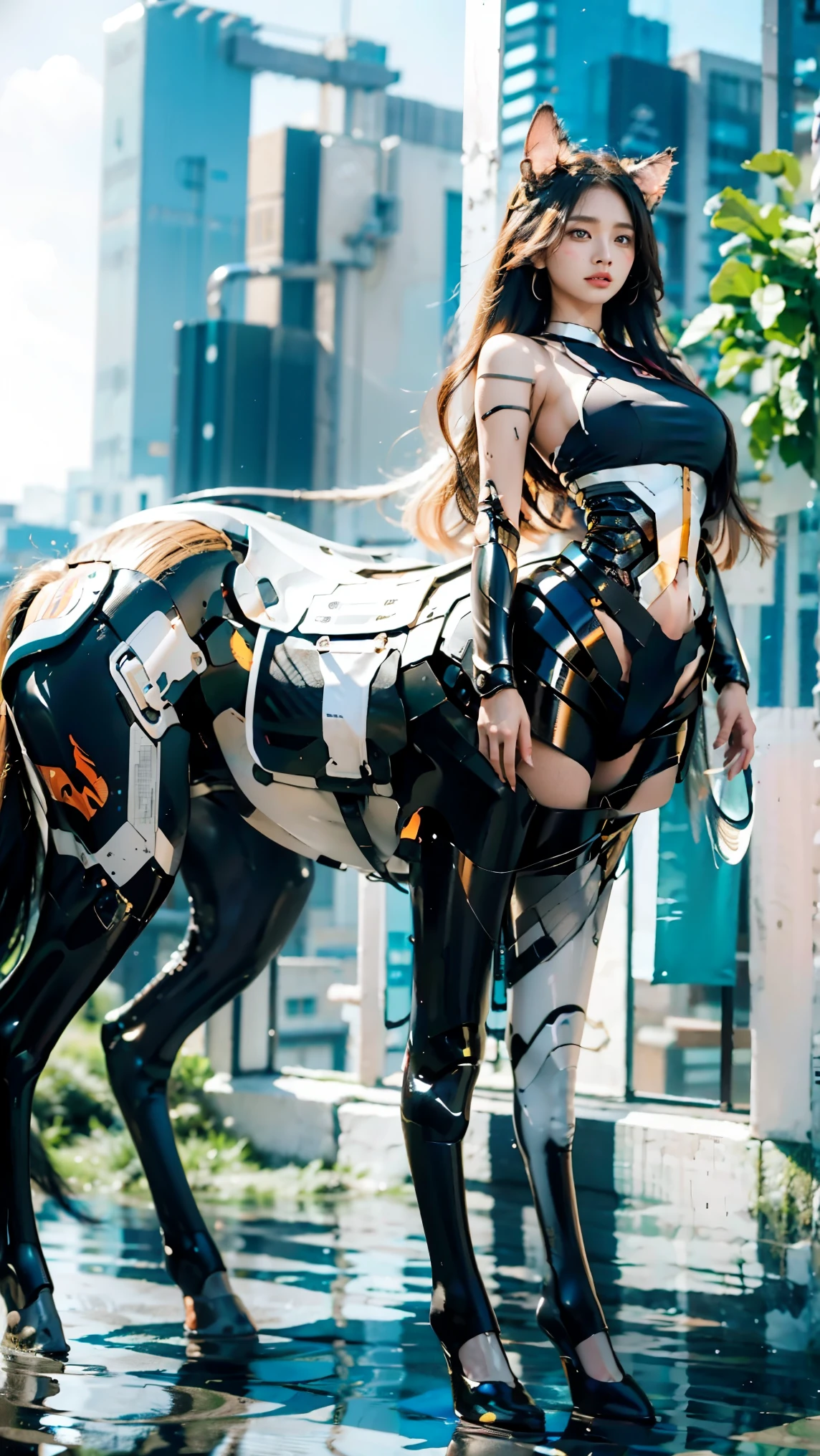 A female centaur，She is famous in the multiverse，She is both a female centaur, half human, half horse, half horse，It is also a heroic move，Her image fuses the head, neck and shoulders parts into a beautiful female human upper body, a female centaur, half human, half horse, half human，and female centaurs for female bodyization，This chimerization is based on powerful futuristic technology。The ultra-wide-angle lens captures the beautiful and ethereal image of her light wings on the ionosphere and making jumps。Her front half is a tall, sexy body with obvious feminine characteristics，Has K cup teardrop-shaped giant tit chest，The half-horse of the hind body is embedded in the front half of the body, the back and hip position，The half-horse torso form of the back half of the body is completely female and humanized，A sexy bent dog-style shaped ribcage is embedded from the upper end of the sternum transversely，Then there are the waist and abdomen hips of sexy beauties，The half-horse part of the fully feminized back half of the body，Mechanize the anti-joints and feet in the shape of the hind leg horse's knee and personify these parts，Make the legs graceful and slender，She has four slender legs like a supermodel，Under the legs are the feet of humans wearing skyscraper heels，Use Midjourney's advanced stroke tools and color palettes, as well as texture packs, model packs, and texture tools，Concentration，All of her with equine physiology organs are feminized，And give the part an ergonomic appearance，Treat the details of the back body, chest, abdominal cavity and hips and legs，Tighten the thoracic and abdominal contours of the back half of the body，Add anthropomorphic mechanical elements to non-ergonomic parts，Give her a sexy human look of harmony and unity，Enhance the sense of future technology。Plated her mechanical wings with a glow unique to space，The halo crown on her head casts a neon light casting a rainbow，Let her be majestic，Use Midjourney's advanced stroke and texture too