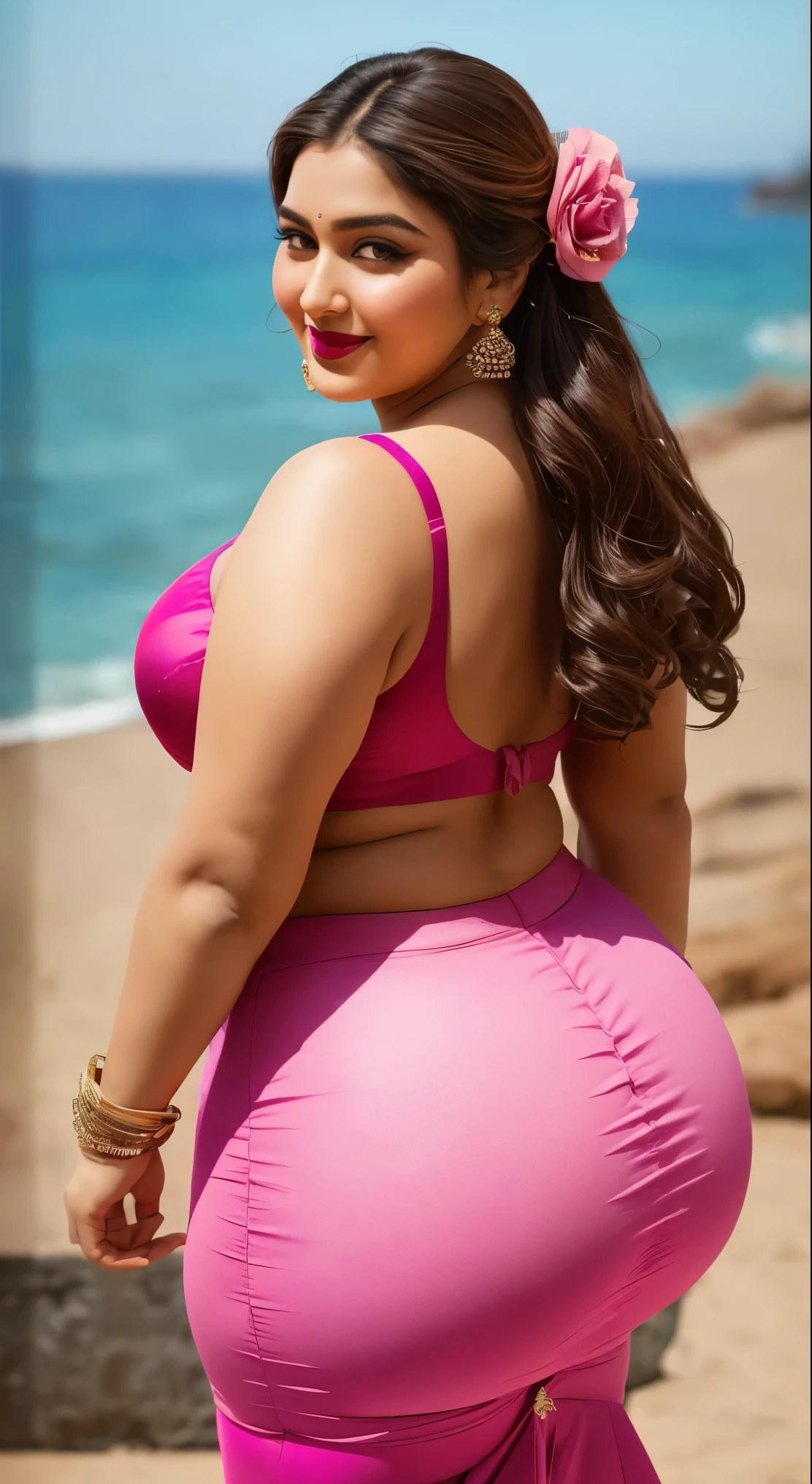 fat ssbbw curvy bottom heavy wide hiped british women, 30 brunette, they are standing together near the pool, they are wearing tight low waisted leggings, and short sleeved button up hawaiian shirts, 