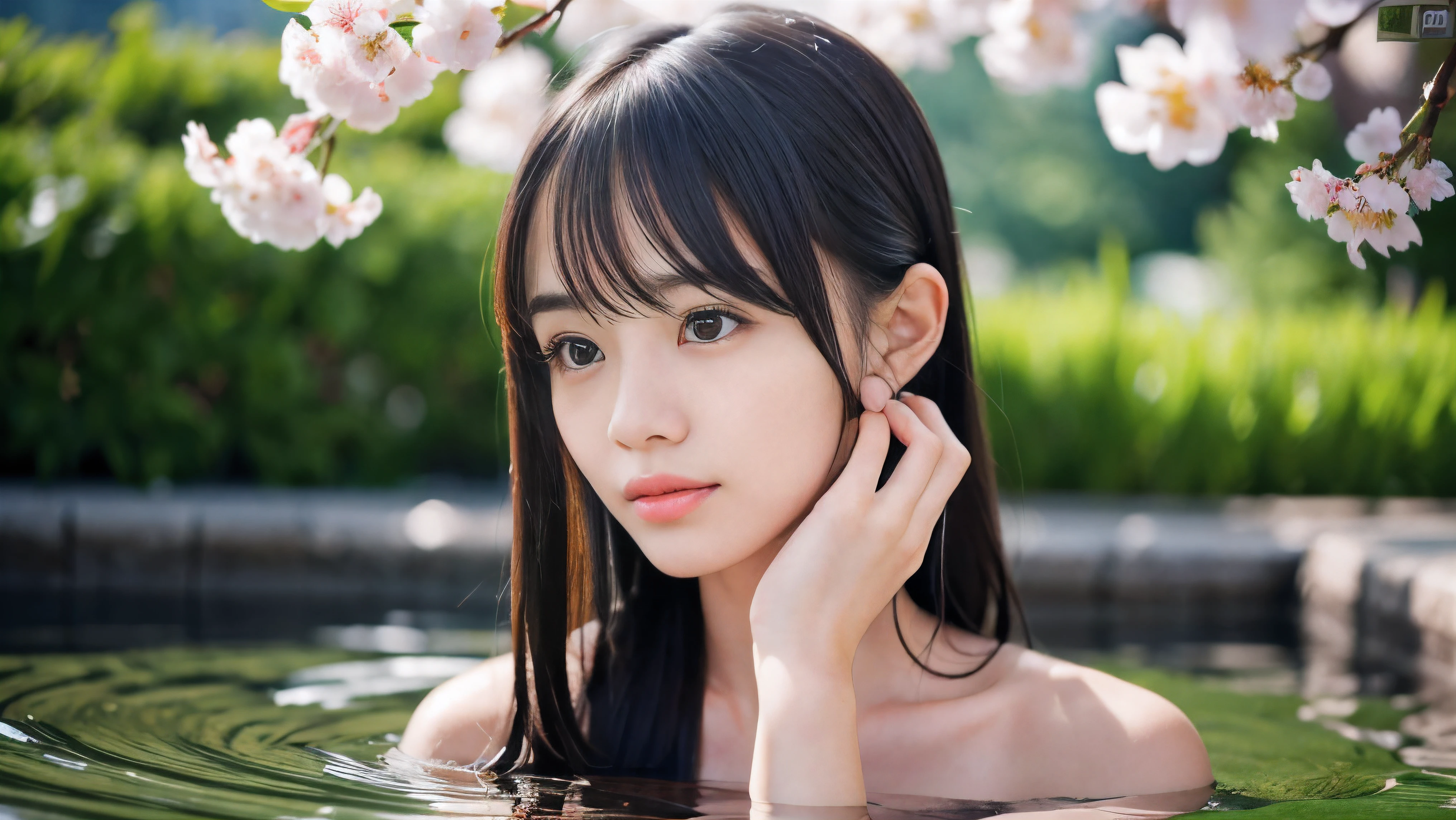 (Profile shot of a naked slender small breasts dark silver long hair with swept bangs girl:1.5)、(Naked girl is soaking in a milky color Japanese onsen outdoors with shy face:1.5)、(Outdoor Japanese onsen with milky white color and it has full bloom weeping cherry blossoms:1.5)、(blurred background:1.5)、(Natural light:1.5)、(8k ultra detailed master piece:1.5)、(perfect anatomy:1.5)、(Photorealistic stick:1.5)、(Raw photo:1.3)、(highest quality:1.5)、(High resolution:1.3)、(Delicate and beautiful perfect face:1.3)、(Delicate and beautiful eye air skin:1.3)、(Real Human Skin:1.3)、((thin legs))