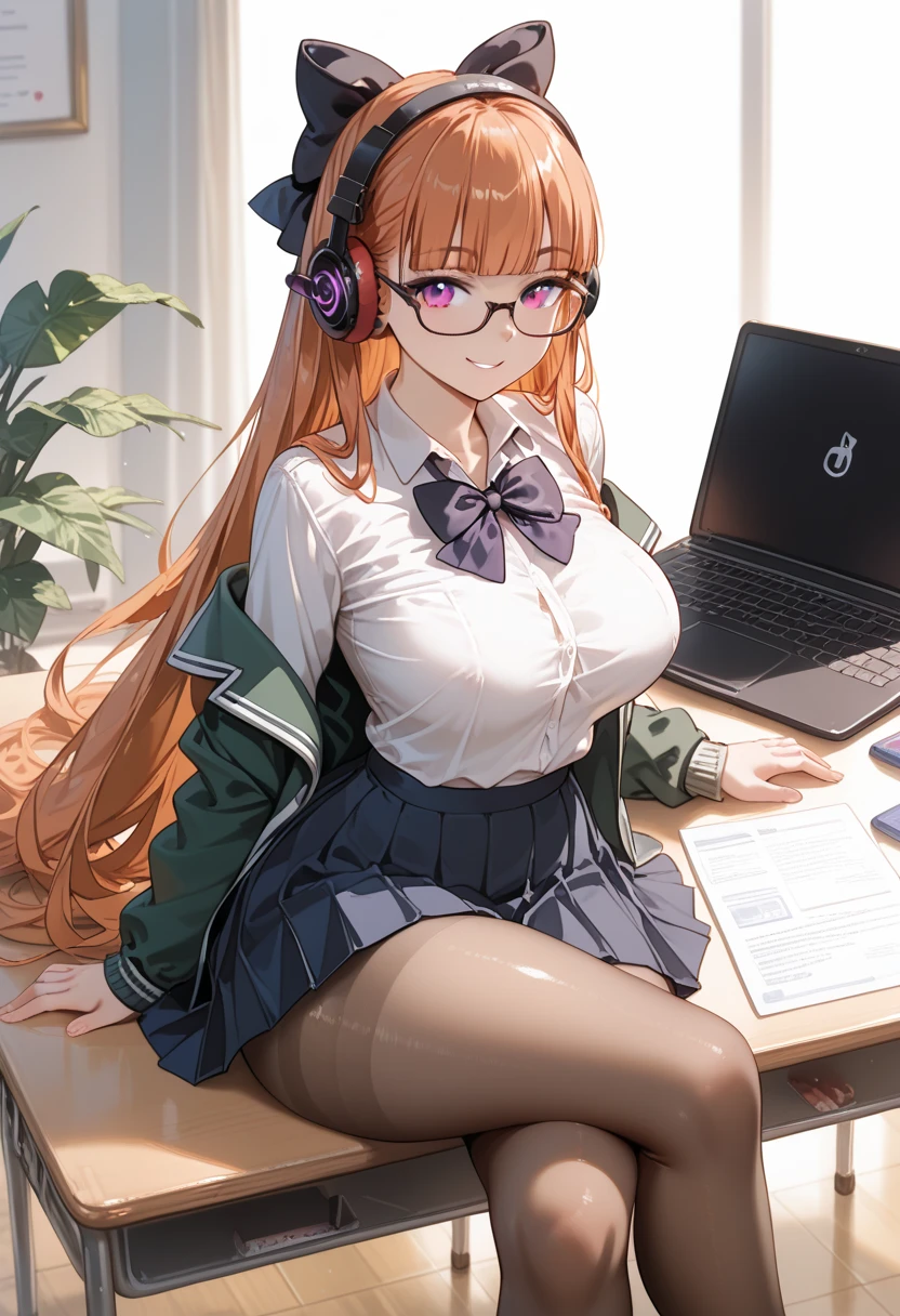 there is a teen age girl sitting in a chair with a laptop, wearing a school uniform , sitting on a desk, in school uniform, on a desk, in a uniform, brown tights and skirt, sat at her desk, sitting on a table, sitting at desk, wearing school uniform, elegant legs, seductively looking in front, crossed legs, orange hair, shiny hair, blunt bangs, very long hair, purple eyes, violet eyes, glasses, white blouse, headphones, thicc, dark green jacket, thick thighs, nice ass, three sizes are 34,23,38, smile, pony tail hair style, hair bow, black bow,