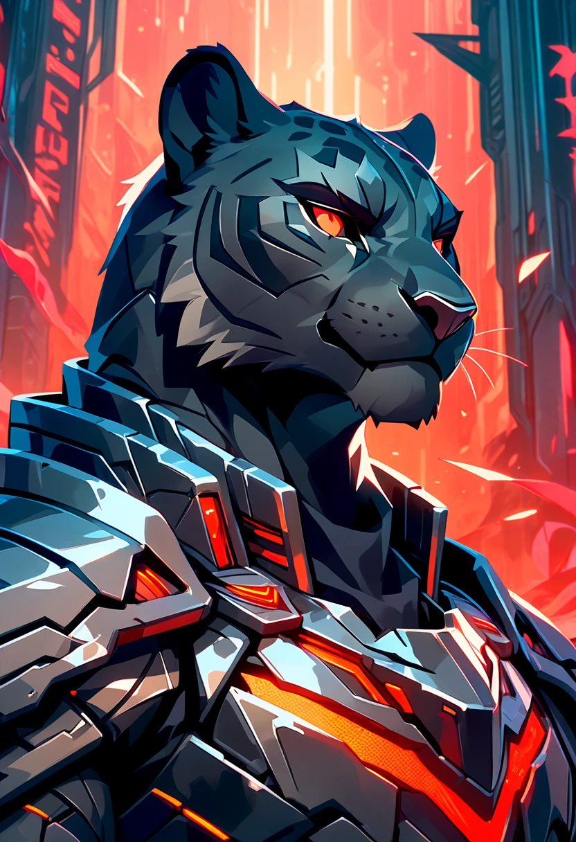 handsome anthropomorphic black panther with a black pelt wearing black cyber knight armor, red eyes, arrogant, cocky, superiority complex, war general, scar over right eye, black cyber armor with red lighting, furry art, light novel art, detailed anime style, masculine, villainous, villain, evil, cool, intimidating, cyber knight, smirking, villain smile, young male panther, sexy