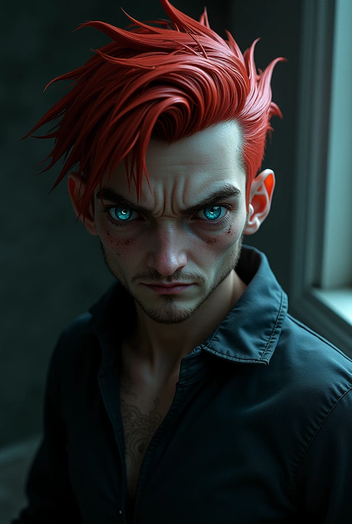 <lora:SecondLife:.6> Second Life, masterpiece, 1boy, male_focus, solo , red hair, blue eyes, facial hair, looking at viewer, stubble, simple background, sweater, Kodak colors, rim lighting,