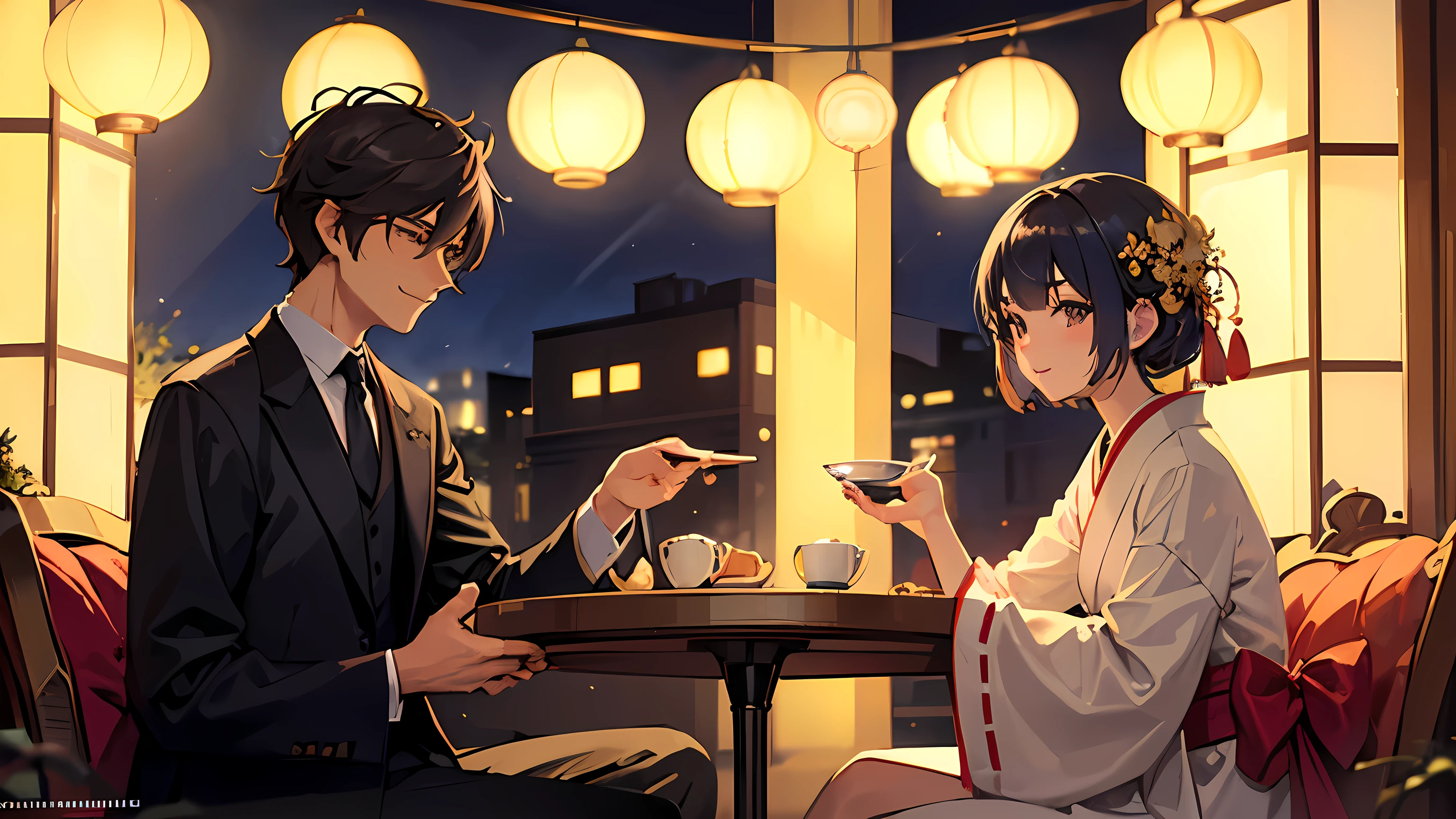 Anime couple sitting at a table with a cup of coffee - SeaArt AI