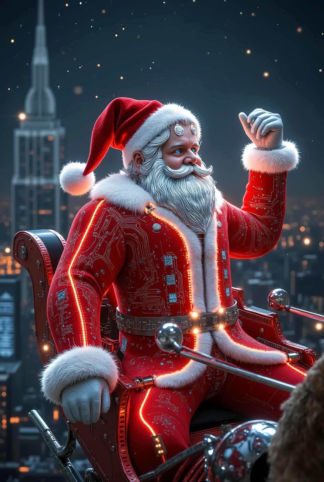 A futuristic Santa Claus, a cheerful and charismatic figure, wearing a glowing red-and-white suit with geometric patterns, metallic accents, and intricate circuit paths etched into the fabric. His robust, jovial figure boasts a neatly groomed white beard, bright blue eyes, and a radiant smile. His attire is embedded with luminous Coca-Cola branding and LED-like details, with glowing circuit lines running through the suit, giving it a high-tech, cyberpunk vibe. His expression blends joy and determination, radiating warmth and holiday spirit. Perched confidently on a sleigh, he grips glowing reins as he steers the reindeer with festive cheer and a sense of command. The scene is set high above a bustling, futuristic cityscape filled with glowing advertisements, holographic displays, and neon-lit circuit patterns adorning the buildings. The dark, starry night sky is illuminated by sparkling constellations, with vibrant city lights below and faint aurora trails adding depth. The art style combines a futuristic Coca-Cola aesthetic with sleek geometric lines, neon accents, and a cyberpunk-inspired holiday vibe, where the circuit paths pattern the entire environment, including Santa's sleigh and reins. Dynamic lighting bathes the scene in glowing red and white highlights, creating a contrast against the dark sky, while ambient reflections from the neon city below add to the atmosphere. The low-angle wide shot emphasizes the grandeur of the sleigh, with ultra-high-definition photorealistic textures, glowing edge highlights, and soft bokeh effects enhancing the depth and mood of the scene.

