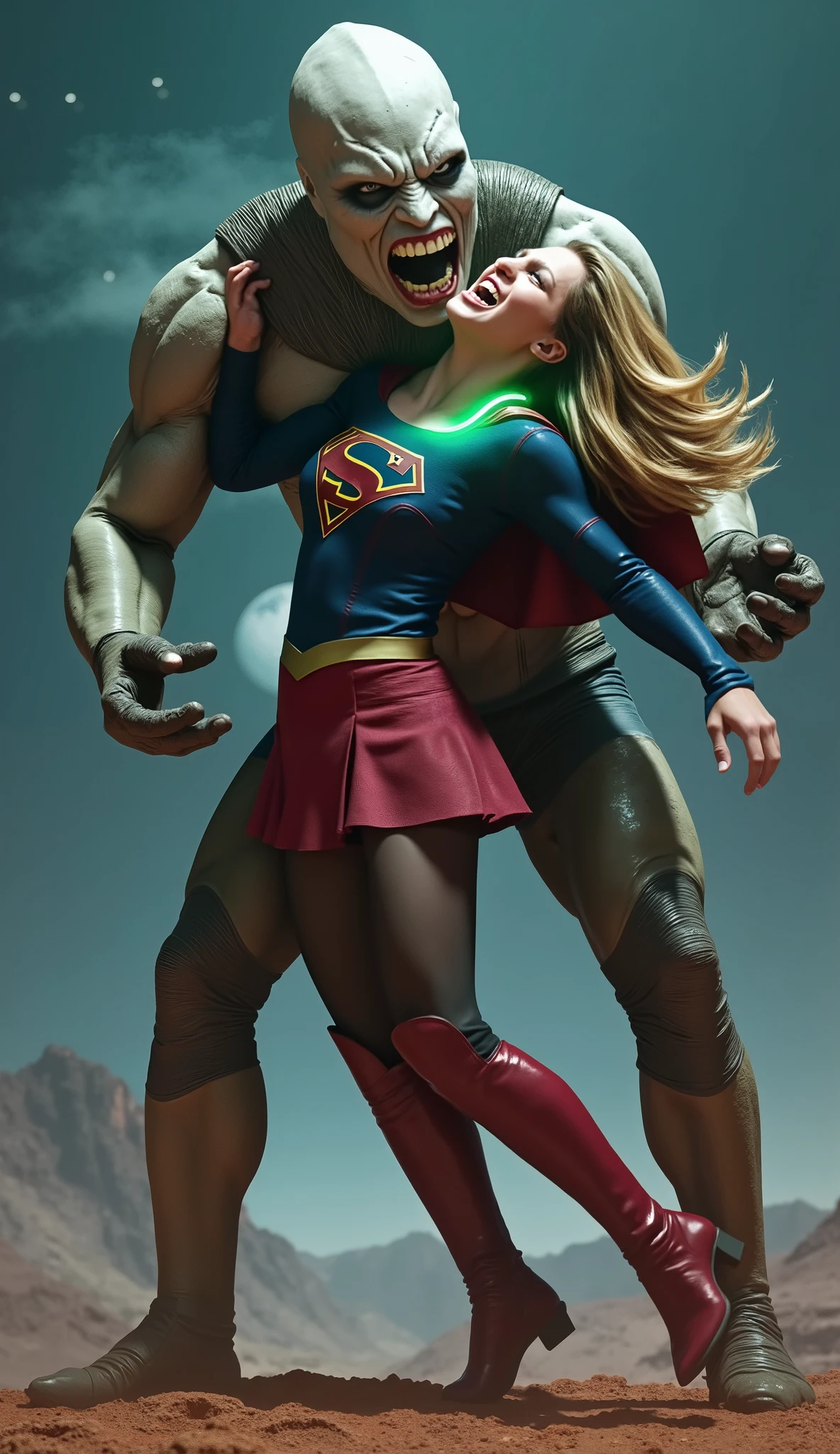 Supergirl is fighting with a big alien monster, very bright white skin, can see whole body, She is wearing a thin black pantyhose, short red leather fabric skirt, red knee height long boots, blonde hair, lighting green collar on her neck, She is screaming in pain, seriously injured, painful, a huge body fierce Alien Monster hold and carry Supergirl body, the Alien Monster seize her body tightly and bite her neck, photorealistic, hyper realistic, night time on the Mar with moon lighting,