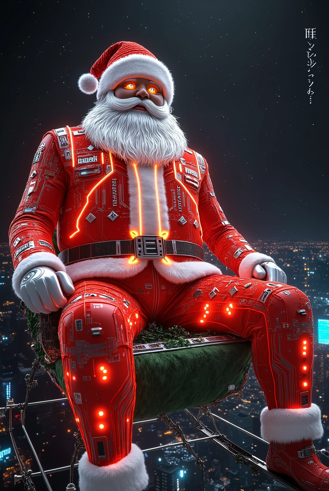 A futuristic Santa Claus, a cheerful and charismatic figure, wearing a glowing red-and-white suit with geometric patterns, metallic accents, and intricate circuit paths etched into the fabric. His robust, jovial figure boasts a neatly groomed white beard, bright blue eyes, and a radiant smile. His attire is embedded with luminous Coca-Cola branding and LED-like details, with glowing circuit lines running through the suit, giving it a high-tech, cyberpunk vibe. His expression blends joy and determination, radiating warmth and holiday spirit. Perched confidently on a sleigh, he grips glowing reins as he steers the reindeer with festive cheer and a sense of command. The scene is set high above a bustling, futuristic cityscape filled with glowing advertisements, holographic displays, and neon-lit circuit patterns adorning the buildings. The dark, starry night sky is illuminated by sparkling constellations, with vibrant city lights below and faint aurora trails adding depth. The art style combines a futuristic Coca-Cola aesthetic with sleek geometric lines, neon accents, and a cyberpunk-inspired holiday vibe, where the circuit paths pattern the entire environment, including Santa's sleigh and reins. Dynamic lighting bathes the scene in glowing red and white highlights, creating a contrast against the dark sky, while ambient reflections from the neon city below add to the atmosphere. The low-angle wide shot emphasizes the grandeur of the sleigh, with ultra-high-definition photorealistic textures, glowing edge highlights, and soft bokeh effects enhancing the depth and mood of the scene.

