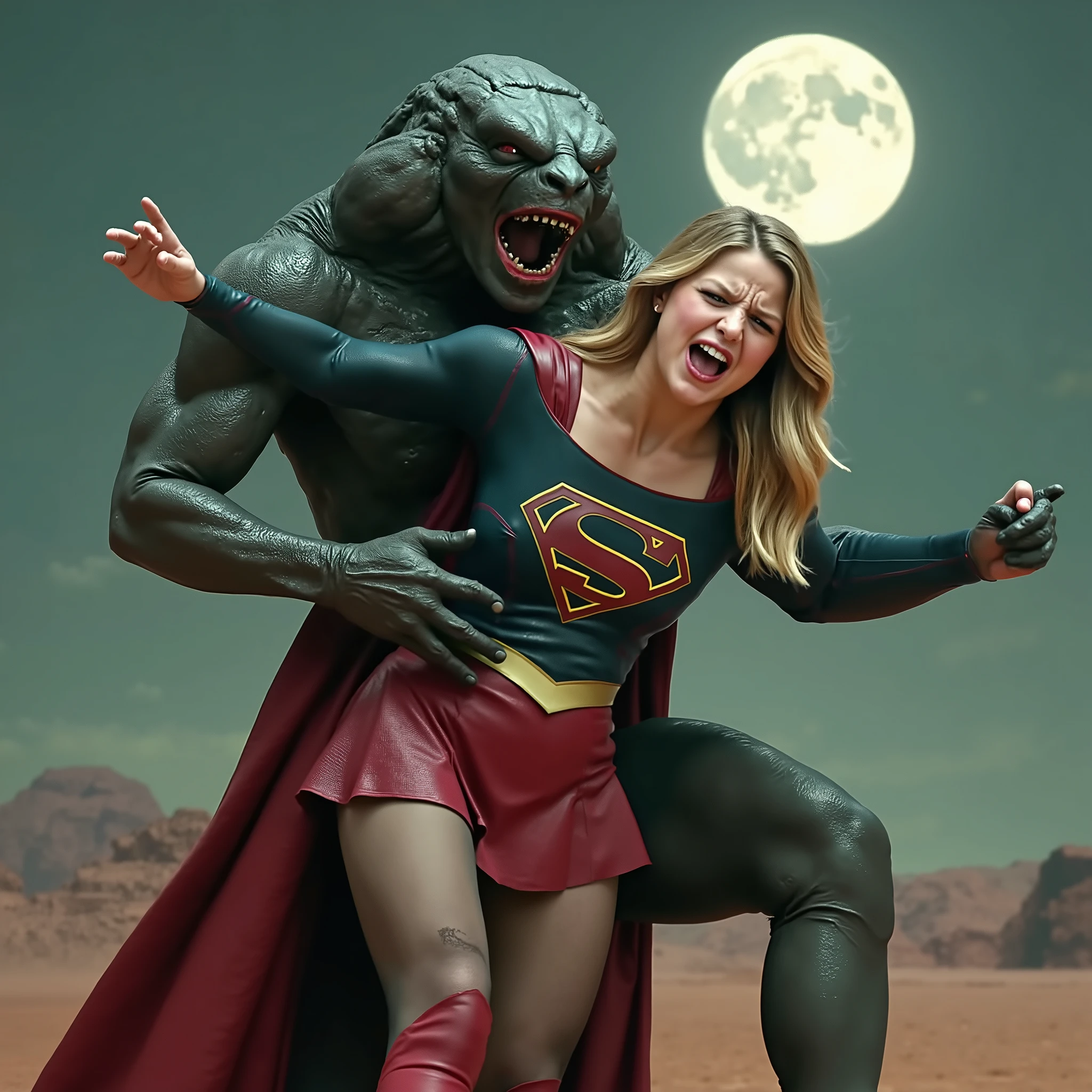 Melissa Benoist as Supergirl, Melissa Benoist is wearing a Supergirl costume as seen on TV, very bright white skin, Supergirl is defeated by a huge body fierce Alien Monster, It is standing in front of her, the Alien Monster seize her body tightly, can see whole body, Supergirl is wearing a short red leather fabric skirt, ((tattered skirt and upskirt:1.8)), Supergirl is wearing a thin black pantyhose:1.6, red knee height long boots, dirty body, bright white skin, blonde hair, lighting green collar on her neck, ((Supergirl is screaming in pain)), Supergirl is seriously injured, painful, (Excruciating pain face), photorealistic, hyper realistic, ((whole body visible:1.9)), night time on the Mar with moon lighting,